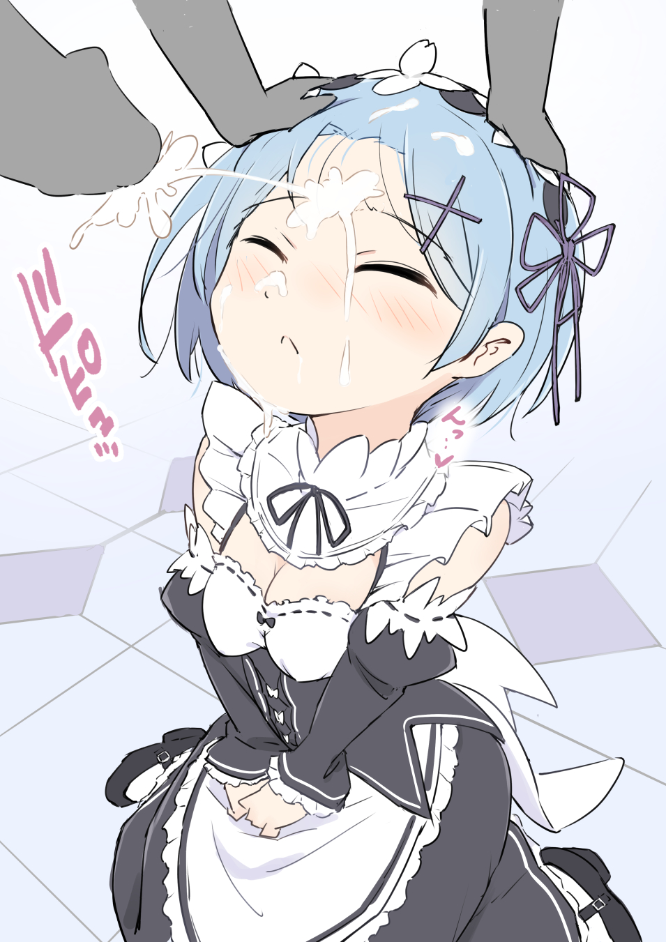 1boy 1girls blue_hair breasts cleavage closed_eyes cum cum_on_face cum_on_forehead cum_on_hair cumshot facial female forehead hands_on_head heart human kawasu_(kkaawwaass) kneeling maid maid_headdress maid_uniform male on_knees penis re:zero_kara_hajimeru_isekai_seikatsu rem_(re:zero) short_hair straight x_hair_ornament