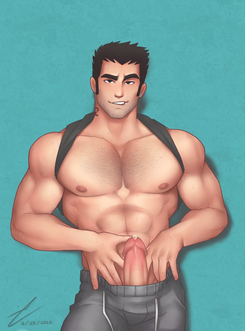 1boy abs bara bare_pectorals beard_stubble black_hair bulge chest_hair clothes_lift clothes_pull clothing_aside cowboy_shot erection erection_under_clothes huge_eyebrows large_pectorals lifted_by_self looking_at_viewer lucas_lee male male_focus male_only mayodemayo muscular muscular_male navel nipples official_alternate_costume pants pants_pull pectorals scott_pilgrim scott_pilgrim_takes_off seductive_smile shirt_behind_neck shirt_lift short_hair smile solo stomach track_pants uncensored