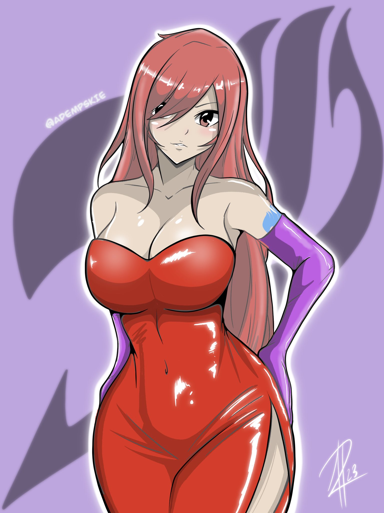1girls, adempskie, alternate costume, arm tattoo, big breasts, blue tattoo, breasts, brown eyes, cosplay, crossover, erza scarlet, fairy tail, fairy tail mark, female, female only, hourglass figure, huge breasts, jessica rabbit (cosplay), large breasts, long hair, red hair, red-haired female, solo, tattoo, who framed roger rabbit, wide hips