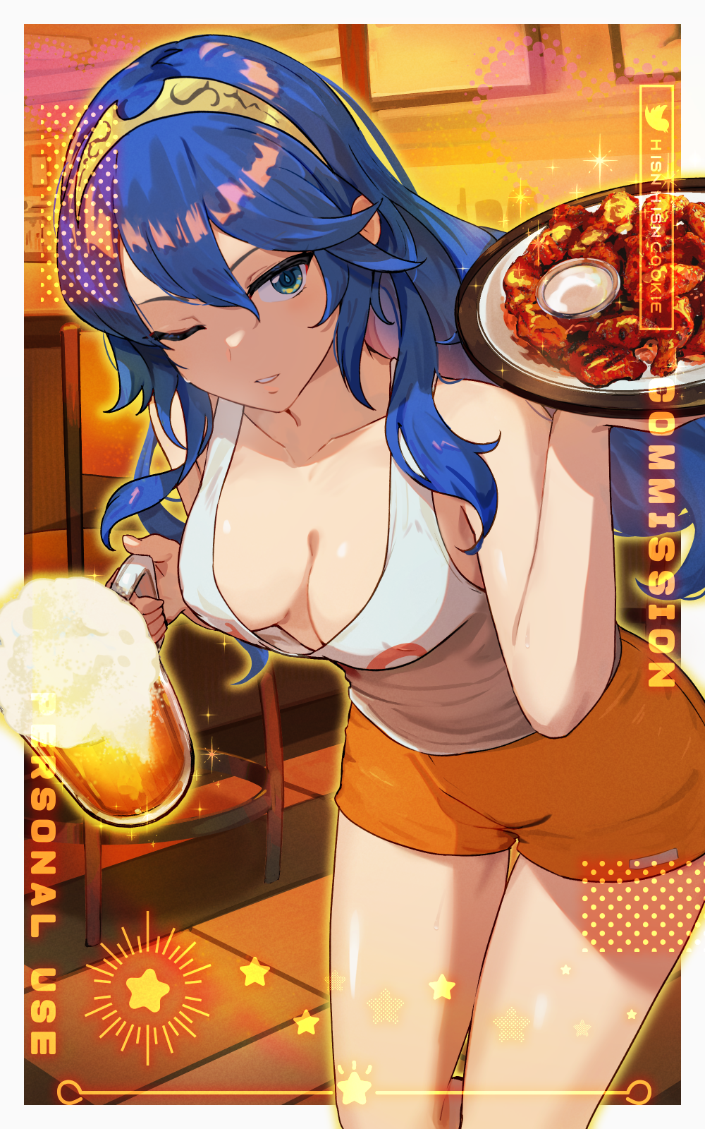 1girls alcohol alternate_costume beer beer_mug blue_eyes blue_hair border breasts chair chicken_(food) cleavage cup female female_only fire_emblem fire_emblem_awakening foam food hairband highres holding holding_cup holding_tray hooters hooters_uniform hsin leaning_forward lucina_(fire_emblem) mug nintendo one_eye_closed orange_shorts parted_lips plate short_shorts shorts small_breasts solo symbol-shaped_pupils tank_top thighs tiara tile_floor tiles tray waitress white_border white_tank_top