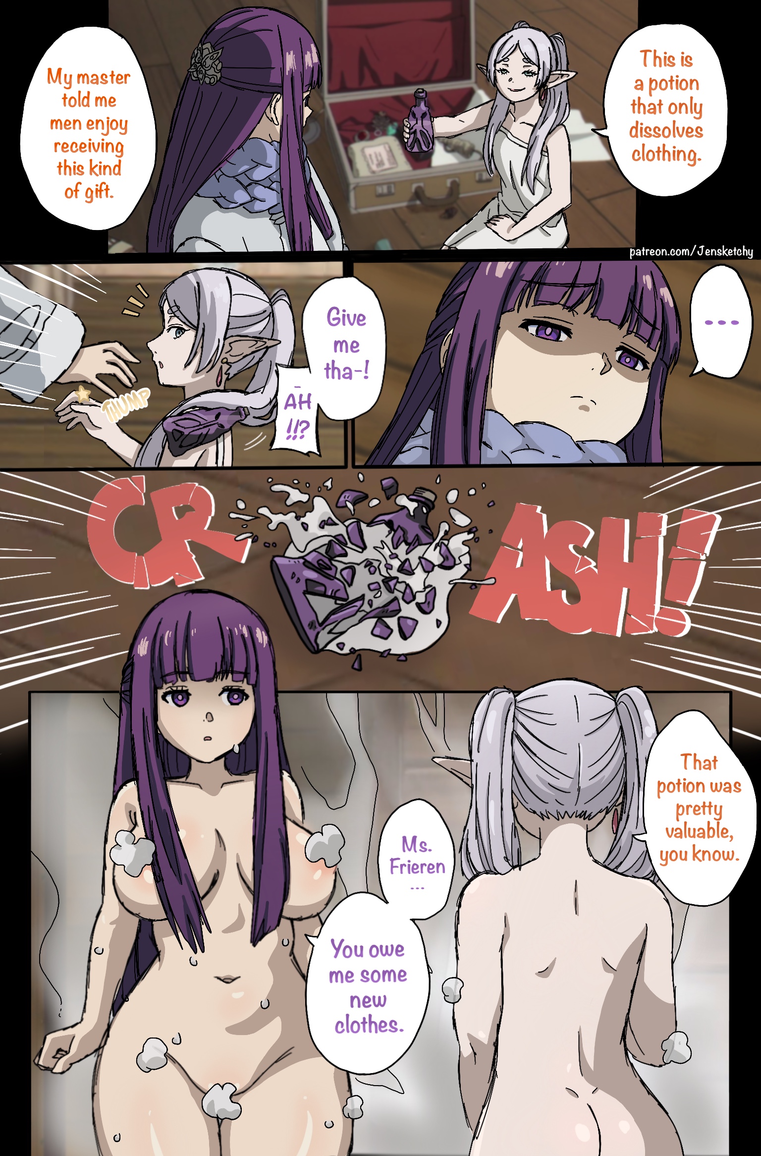 2girls, annoyed, ass, clothes dissolving potion, convenient censoring, dissolving clothes, elf, embarrassed nude female, enf, female, female only, fern (sousou no frieren), frieren, jensketchy, nude, purple hair, sousou no frieren, speech bubble, suddenly naked, white hair