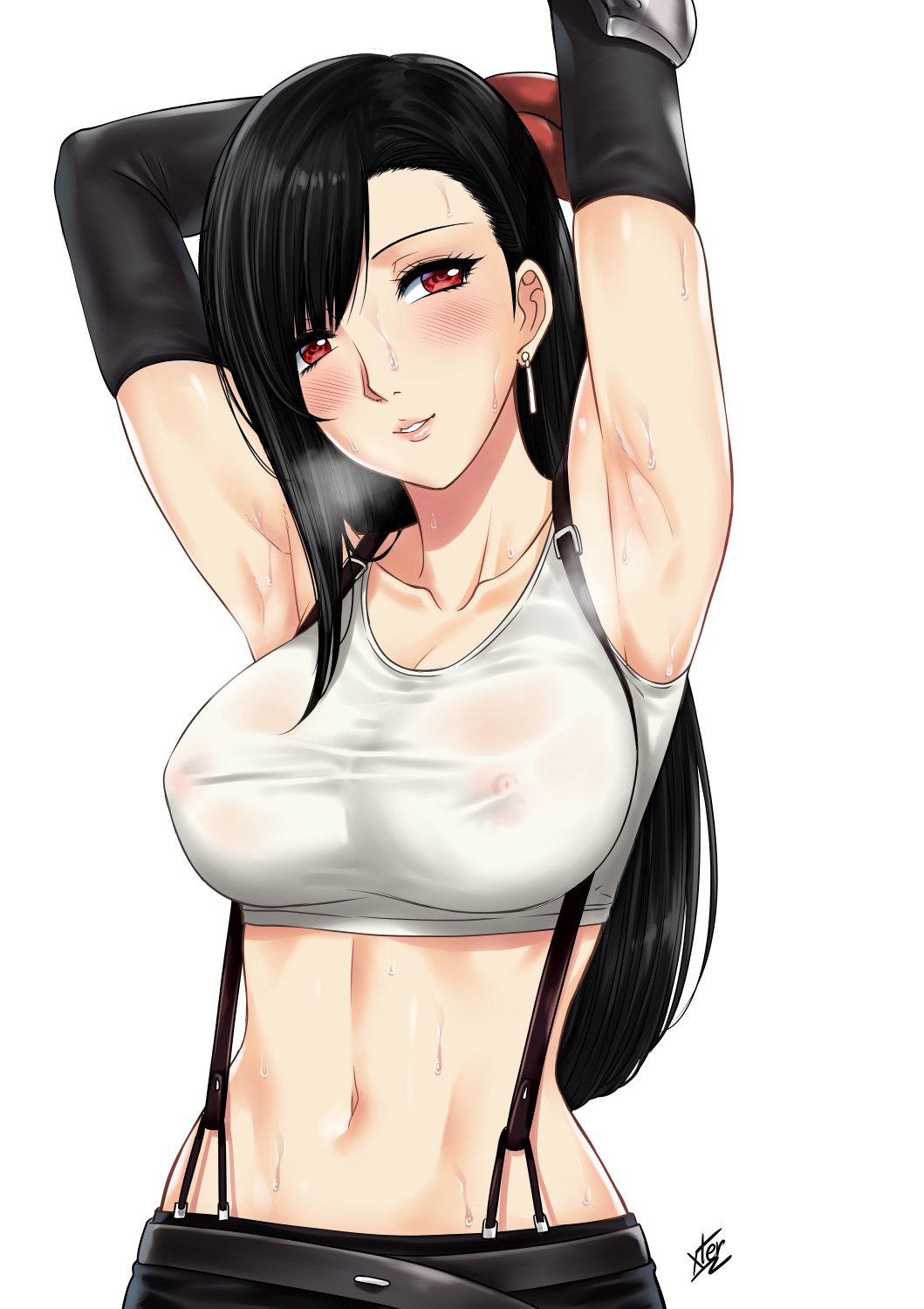 1girls, armpits, arms up, black hair, blush, breasts, earrings, female, female only, final fantasy, final fantasy vii, highres, jewelry, long hair, nipples, no bra, red eyes, see-through, solo, square enix, steaming body, sweat, tifa lockhart, white background, xtermination