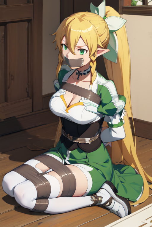 ai_generated arms_tied_behind_back blonde_hair bondage bound_legs elf_female gag gagged green_eyes kirigaya_suguha leafa sitting sword_art_online tape_gag