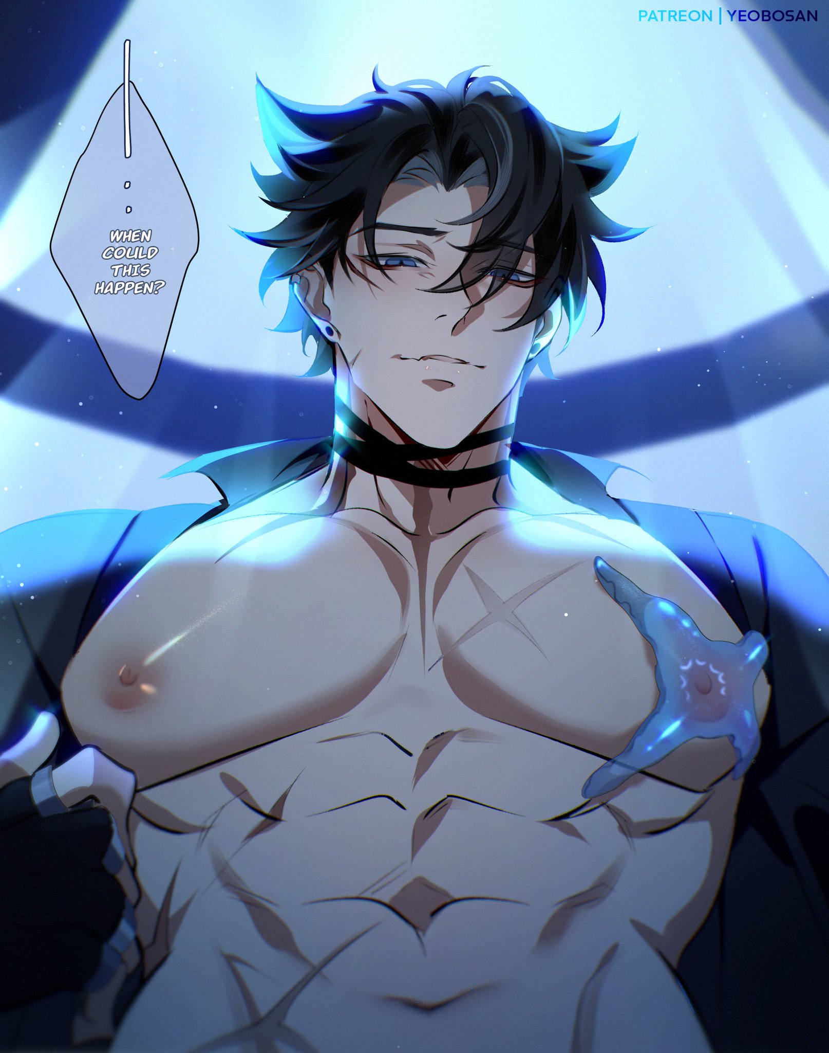 1boy, buff, dialogue, english text, genshin impact, male, male chest, male focus, male only, muscular, muscular male, nipple play, nipple suck, nipples, open clothes, open shirt, pecs, sea creature, starfish, sucking nipples, wriothesley (genshin impact), yaoi, yeobosannsfw
