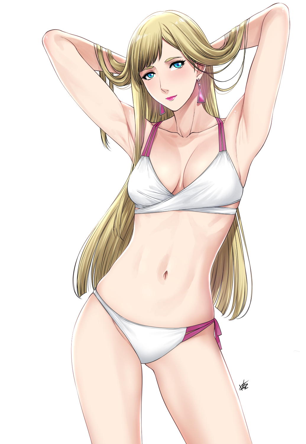 armpits arms_up bikini blonde_hair blue_eyes blush bra breasts collarbone earrings female gigi_andalusia gundam gundam_hathaway's_flash highres jewelry lipstick long_hair makeup navel panties solo swimsuit underwear xtermination