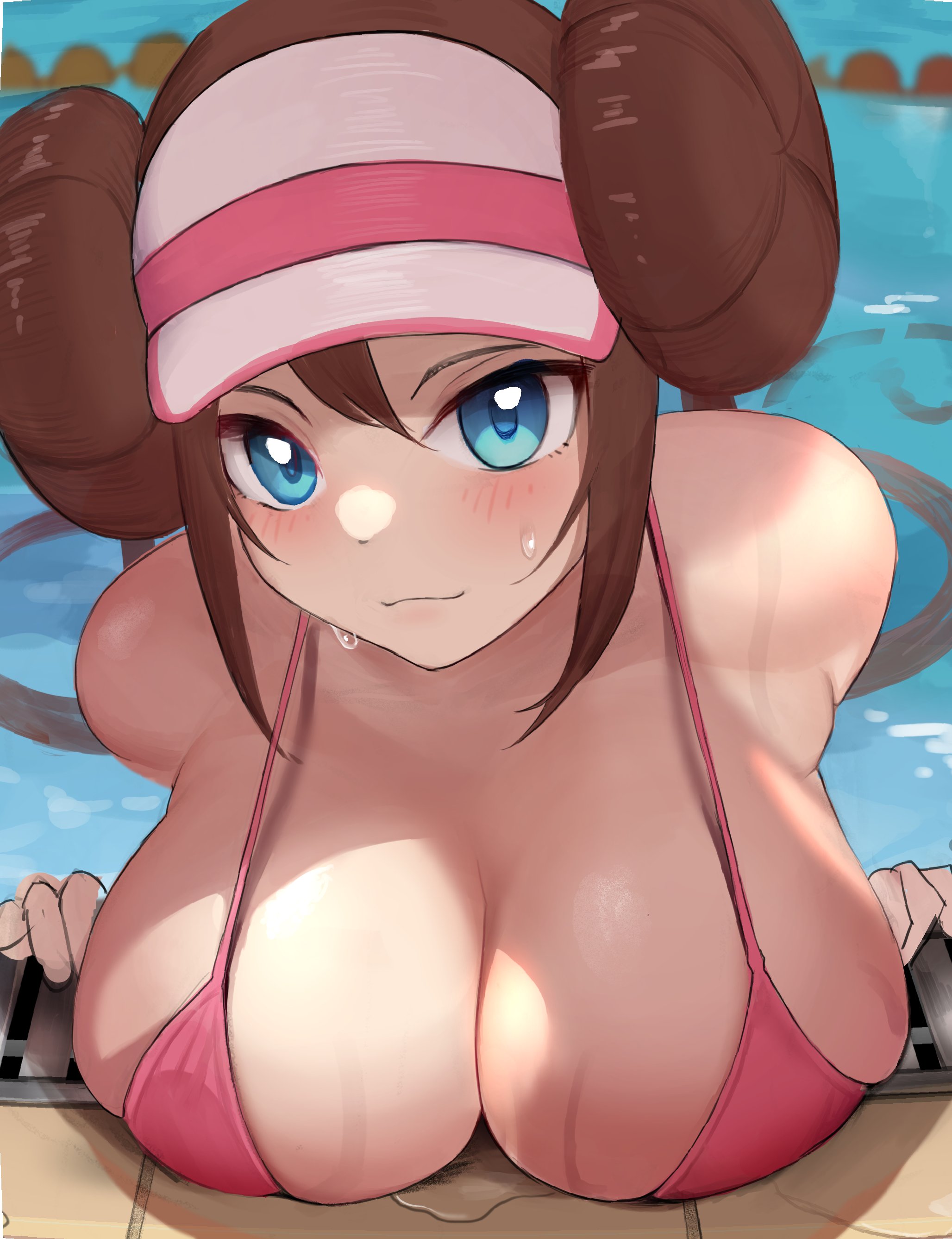 1girls, areolae, bikini, breasts, brown eyes, brown hair, cleavage, female, game freak, gatchan, huge breasts, large areolae, long hair, nintendo, nipples, pokemon, pokemon bw2, rosa (pokemon), twin buns, twintails