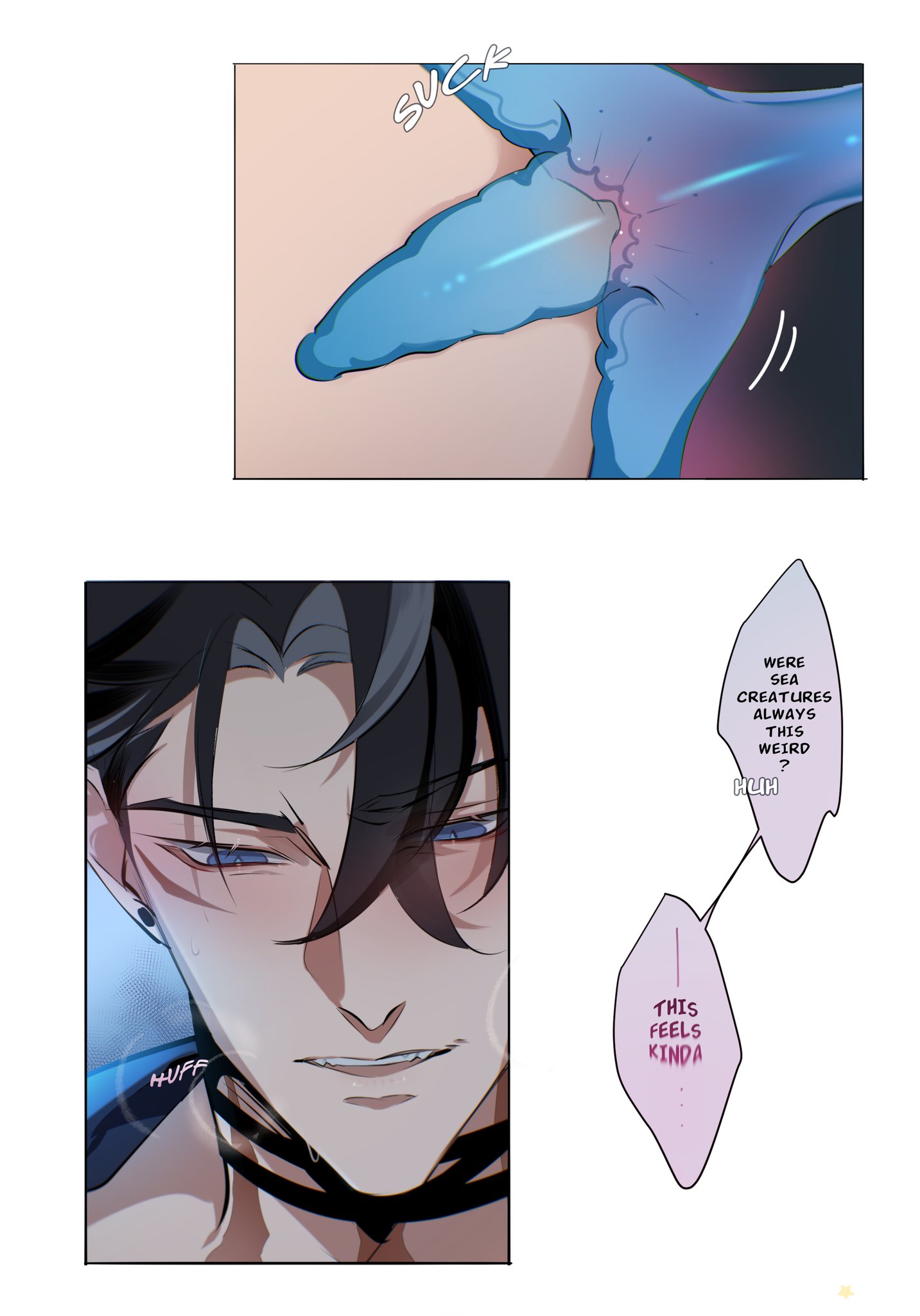 1boy, dialogue, english text, genshin impact, male, male chest, male focus, male nipples, male only, muscular, muscular male, nipple play, nipple suck, nipples, octopus, open shirt, sea creature, slime, starfish, stuck, sucking, sucking nipples, visible breath, wriothesley (genshin impact), yaoi, yeobosannsfw