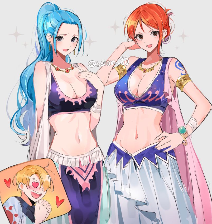 alabasta arabasta_saga arabian_clothes belly_dancer belly_dancer_outfit blonde_hair blue_hair cleavage female female_focus harem harem_girl harem_outfit joman large_breasts long_hair male nami nefertari_vivi one_piece orange_hair ponytail pre-timeskip saram_80 short_hair vinsmoke_sanji