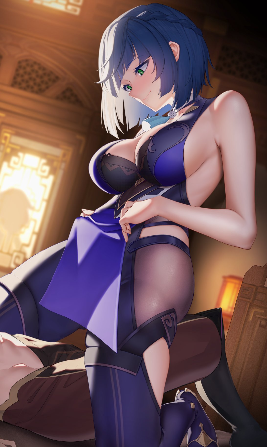 1boy, 1girls, aether (genshin impact), ass, big breasts, blue hair, breasts, color, drawing, erection, fat ass, female, genshin impact, hoyoverse, imminent penetration, male, mihoyo, on top, pleasure face, short hair, thick thighs, tight clothing, yelan (genshin impact)