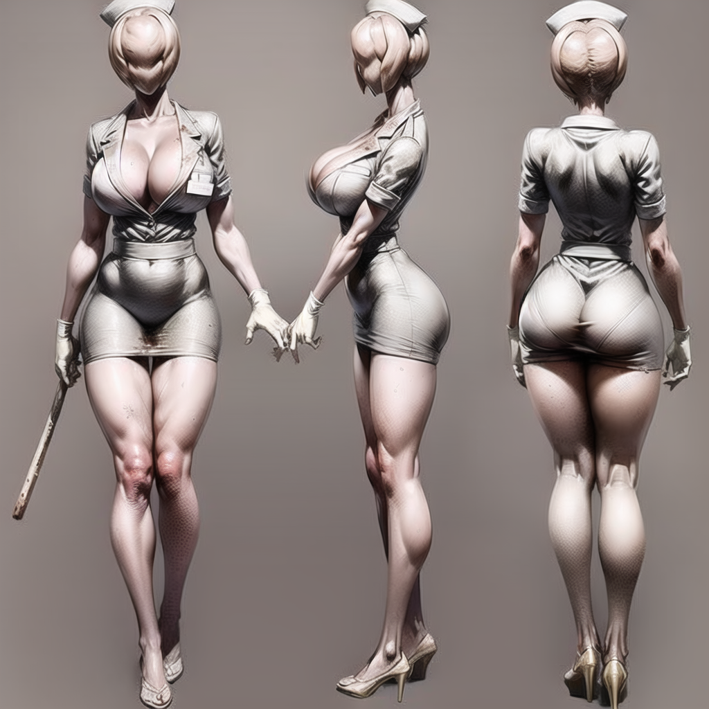 ai generated, ass, breasts, bubble head nurse, cleavage, faceless female, female, gloves, high heels, hourglass figure, large ass, large breasts, nurse (silent hill), nurse cap, nurse clothing, nurse hat, nurse outfit, nurse uniform, silent hill, solo female, stable diffusion, thick thighs