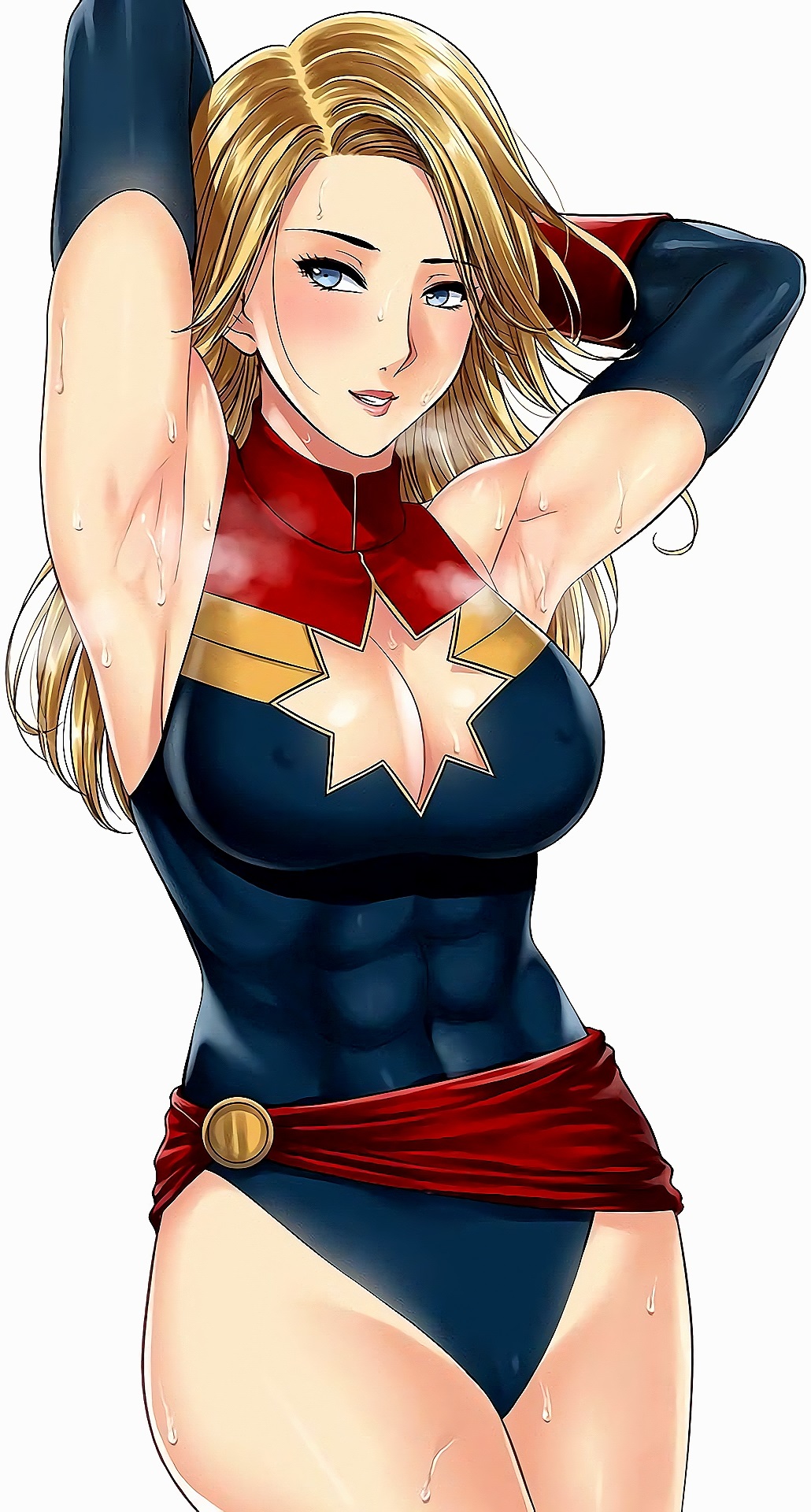 1girls, armpit fetish, armpits, arms up, blonde hair, blue eyes, blush, breasts, captain marvel, carol danvers, cleavage, cleavage cutout, female, female only, fully clothed, highres, long hair, marvel, marvel comics, simple background, solo, sweat, sweaty armpits, tight clothing, white background, xtermination