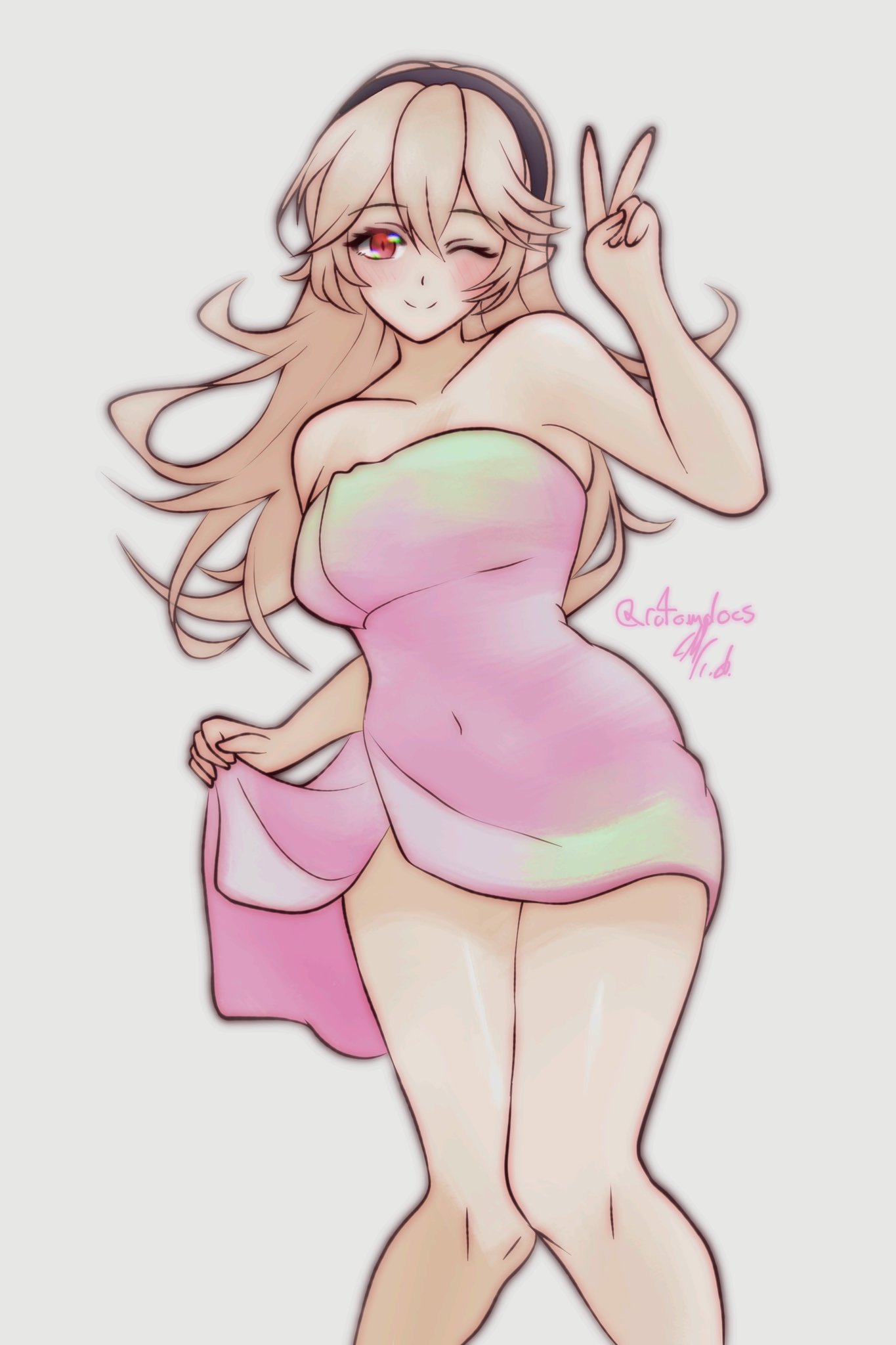 ;), 1girls, bare arms, bare legs, bare shoulders, blonde hair, breasts, collarbone, corrin (fire emblem), corrin (fire emblem) (female), female, female only, fire emblem, fire emblem fates, hairband, legs, lifted by self, long hair, looking at viewer, medium breasts, naked towel, nintendo, one eye closed, pointy ears, red eyes, rotomdocs, shoulders, solo, towel, v, very long hair, wink