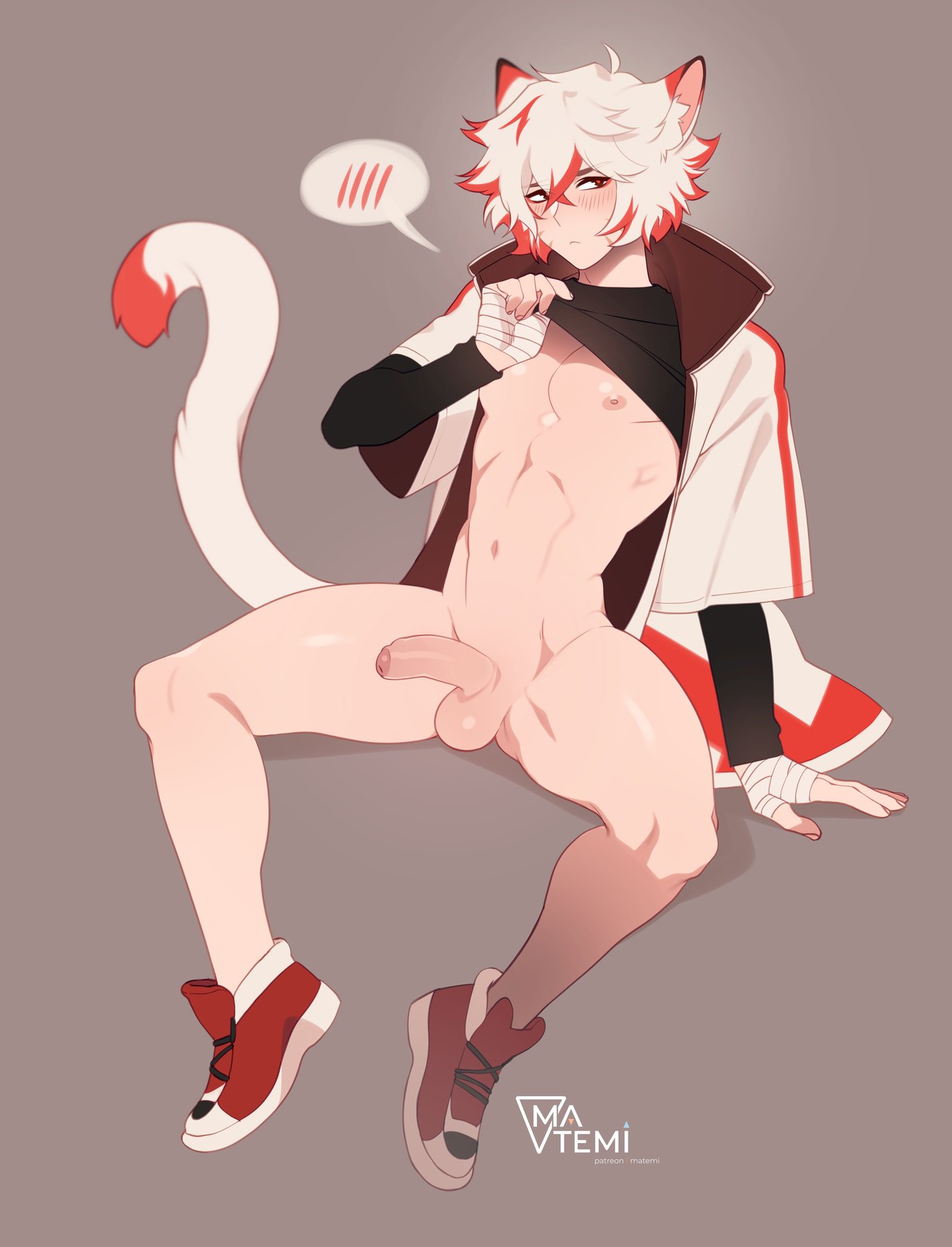 1boy, animal ears, balls, bandage, blush, cat ears, cute male, femboy, flaccid, fluffy hair, frown, gradient background, indie virtual youtuber, jacket open, lifting shirt, long sleeves, looking at viewer, male, male only, matemi, mikestrosity, multicolored hair, muscular, muscular male, nipples, nude, original, penis, red eyes, shirt lift, shoes, sitting, smooth penis, solo, tagme, tail, testicles, thick thighs, tsundere, virtual youtuber, waist, white hair