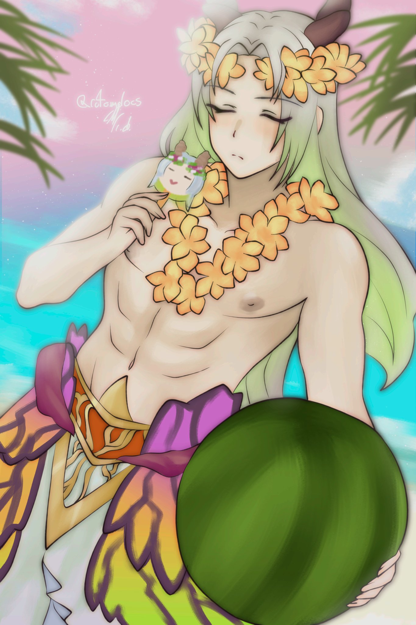 1boy abs beach fire_emblem fire_emblem_heroes food freyr_(fire_emblem) green_hair grey_hair horns ice_cream long_hair male male_only male_swimwear multicolored_hair muscular muscular_male nintendo ocean outdoors popsicle rotomdocs solo swim_trunks swimsuit very_long_hair watermelon