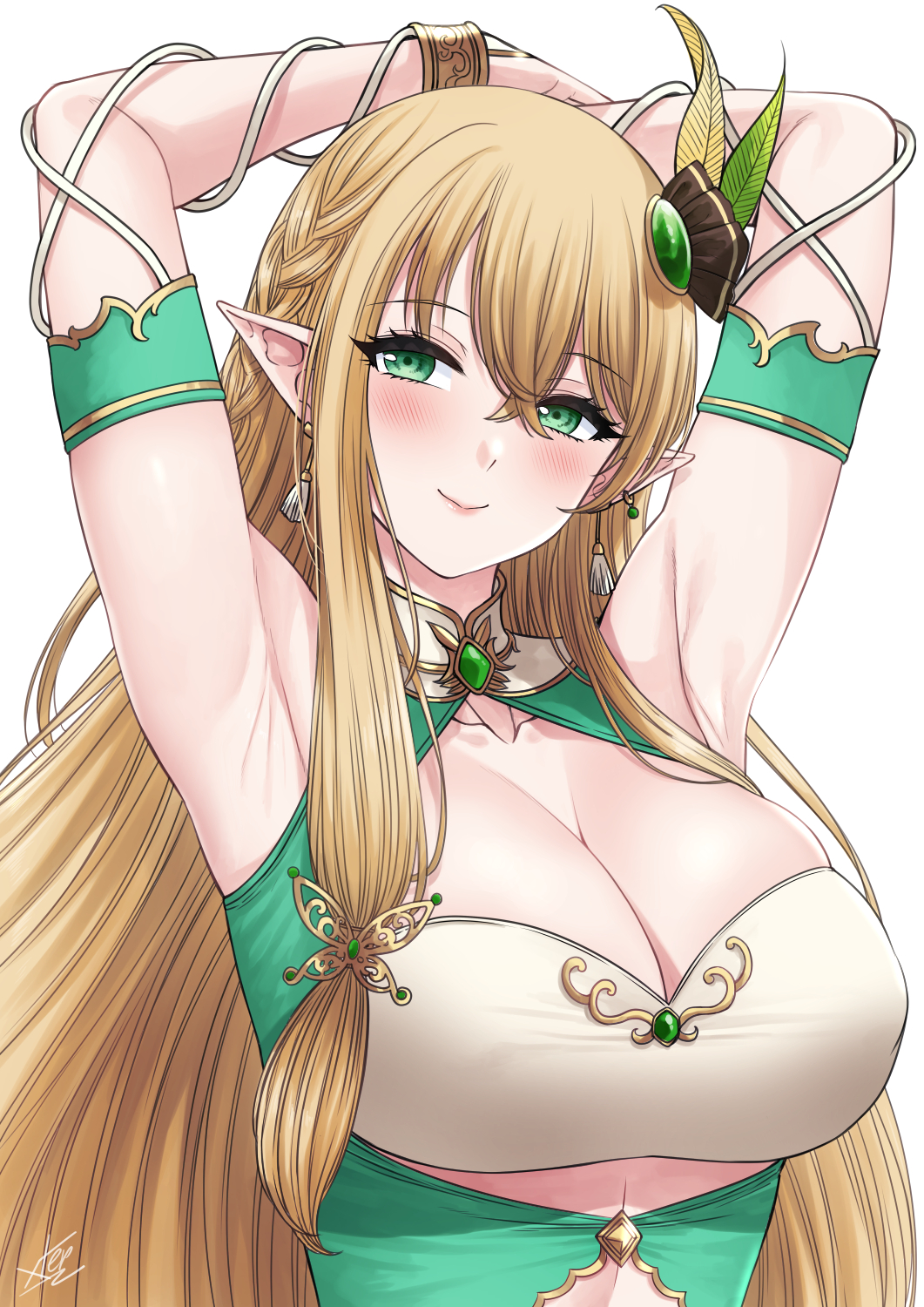 aranis_elvene armpits arms_up blonde_hair blush braid breasts cleavage earrings elf green_eyes hair_between_eyes highres jewelry large_breasts long_hair looking_at_viewer pixela_isekai pixela_legends pixela_project pointy_ears simple_background smile solo upper_body virtual_youtuber white_background xtermination