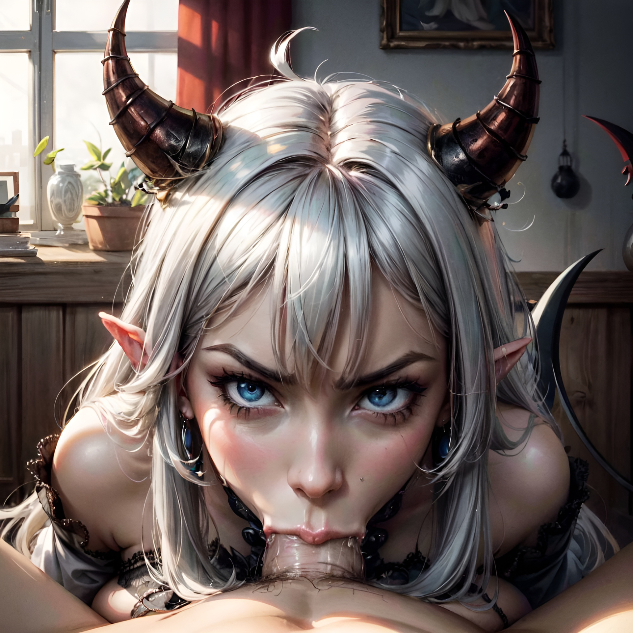 1girls, ai generated, angry, angry face, arbitrary, bare shoulders, blowjob, blue eyes, breasts, cum, cum in mouth, deepthroat, demon, demon girl, demon horns, demon tail, fellatio, female, hi res, indie virtual youtuber, large breasts, male, oral, oral creampie, penis, penis in mouth, pointy ears, pov, pov eye contact, realistic, stable diffusion, succubus, succubus horns, succubus tail, veibae, virtual youtuber, white hair