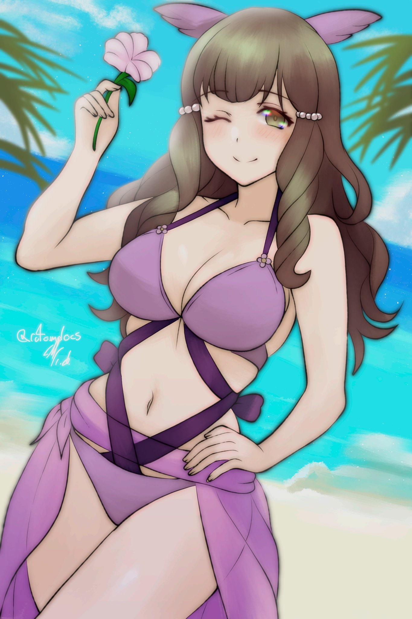 1girls ;) alternate_costume bangs bare_midriff bare_thighs beach bikini breasts brown_eyes brown_hair cleavage confident female female_only fire_emblem fire_emblem_awakening flower hair_ornament higher_resolution_available large_breasts looking_at_viewer midriff nintendo ocean outdoors purple_bikini purple_swimsuit rotomdocs see-through smile solo sumia_(fire_emblem) swimsuit thighs veil wink