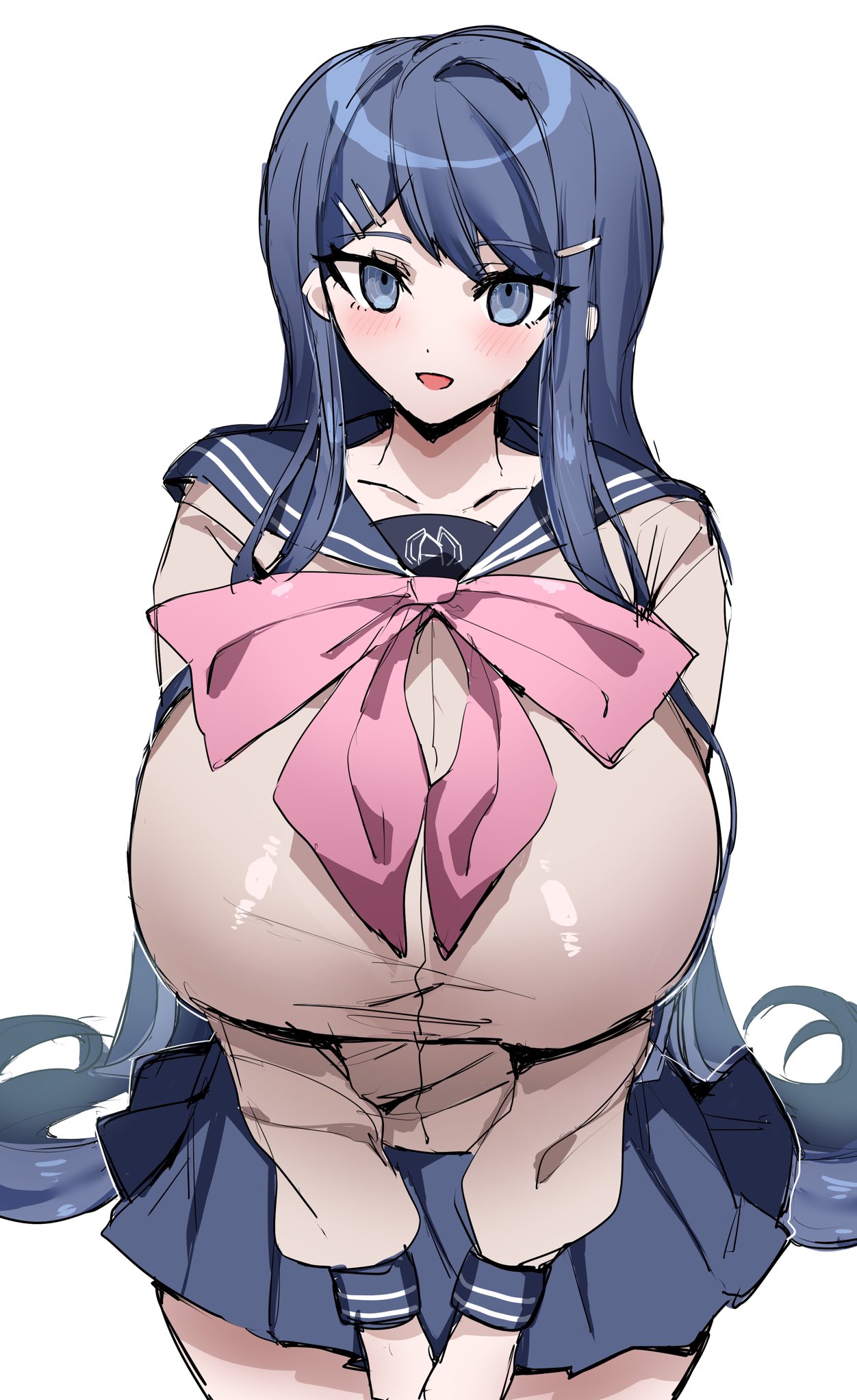 1girls, bangs, big breasts, blue eyes, blue hair, blue skirt, blush, breasts, comically large bow, danganronpa, danganronpa 1, danganronpa: trigger happy havoc, feet out of frame, female, fully clothed, genkaiotaku, hairclip, huge breasts, idol, long hair, looking at viewer, maizono sayaka, pink bow, school uniform, skirt, smooth skin, solo, solo female, standing, thighs, upskirt, white background