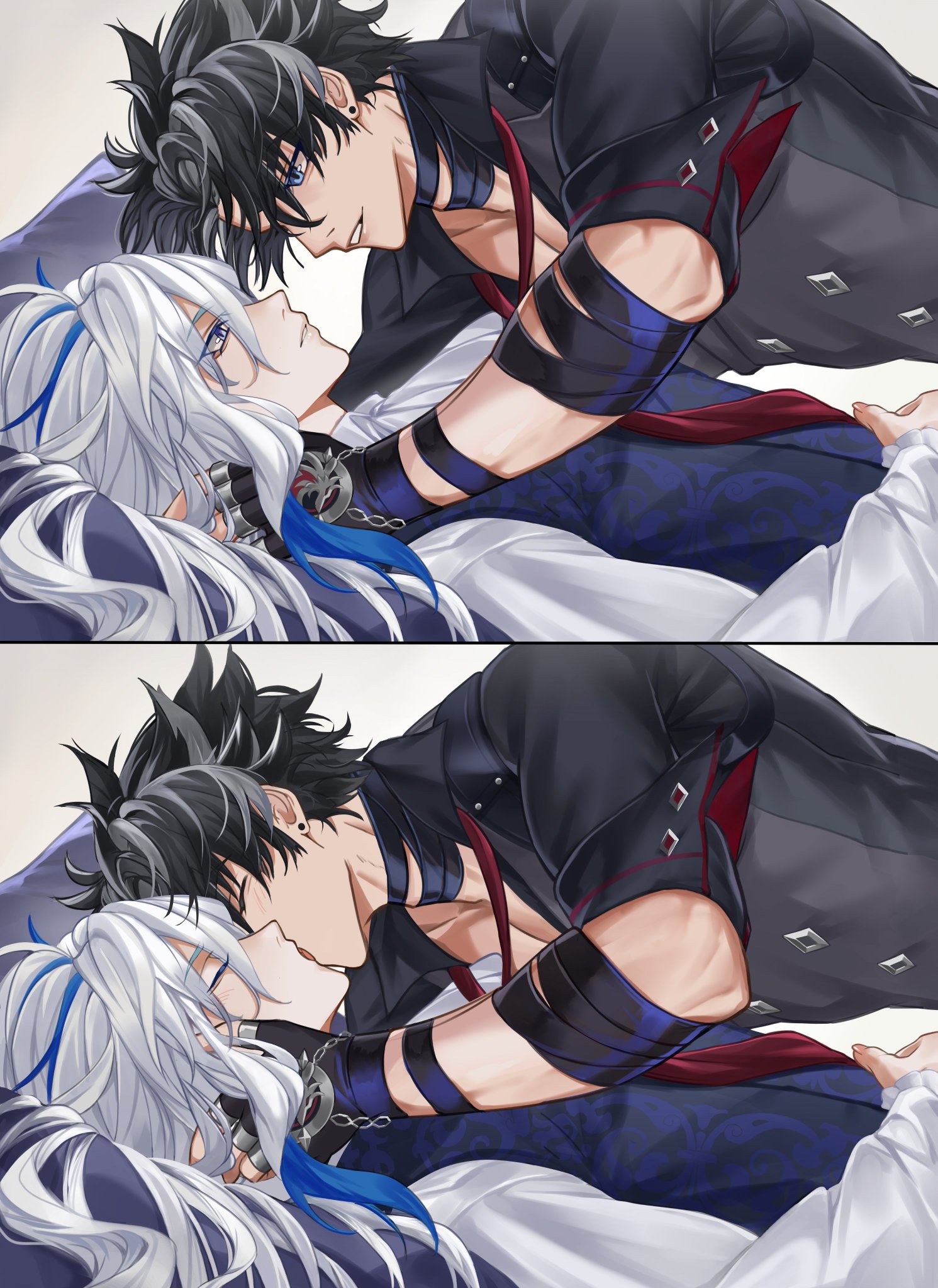 2boys, clothing, fully clothed, gay, genshin impact, kissing, male, male only, muscular, muscular male, neuvillette (genshin impact), no visible genitalia, wriothesley (genshin impact), yaoi, yoruhimeo