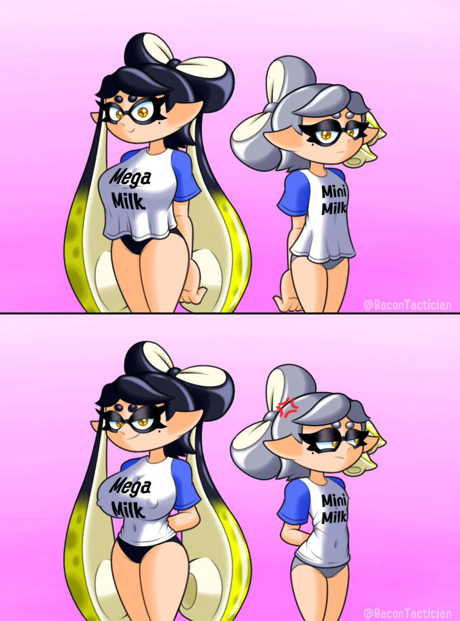 2girls angry bacontactician big_breasts breast_envy callie_(alterna) callie_(splatoon) cousins female_only gradient_background hidden_curves highres large_breasts light-skinned_female light_skin long_hair marie_(alterna) marie_(splatoon) mega_milk nipple_bulge nipples_visible_through_clothing panties petite pink_background shirt_only shirt_tighten_meme small_breasts smaller_female smug splatoon squid_sisters t-shirt/pajamas_challenge tacticalbacon84 twintails yellow_eyes