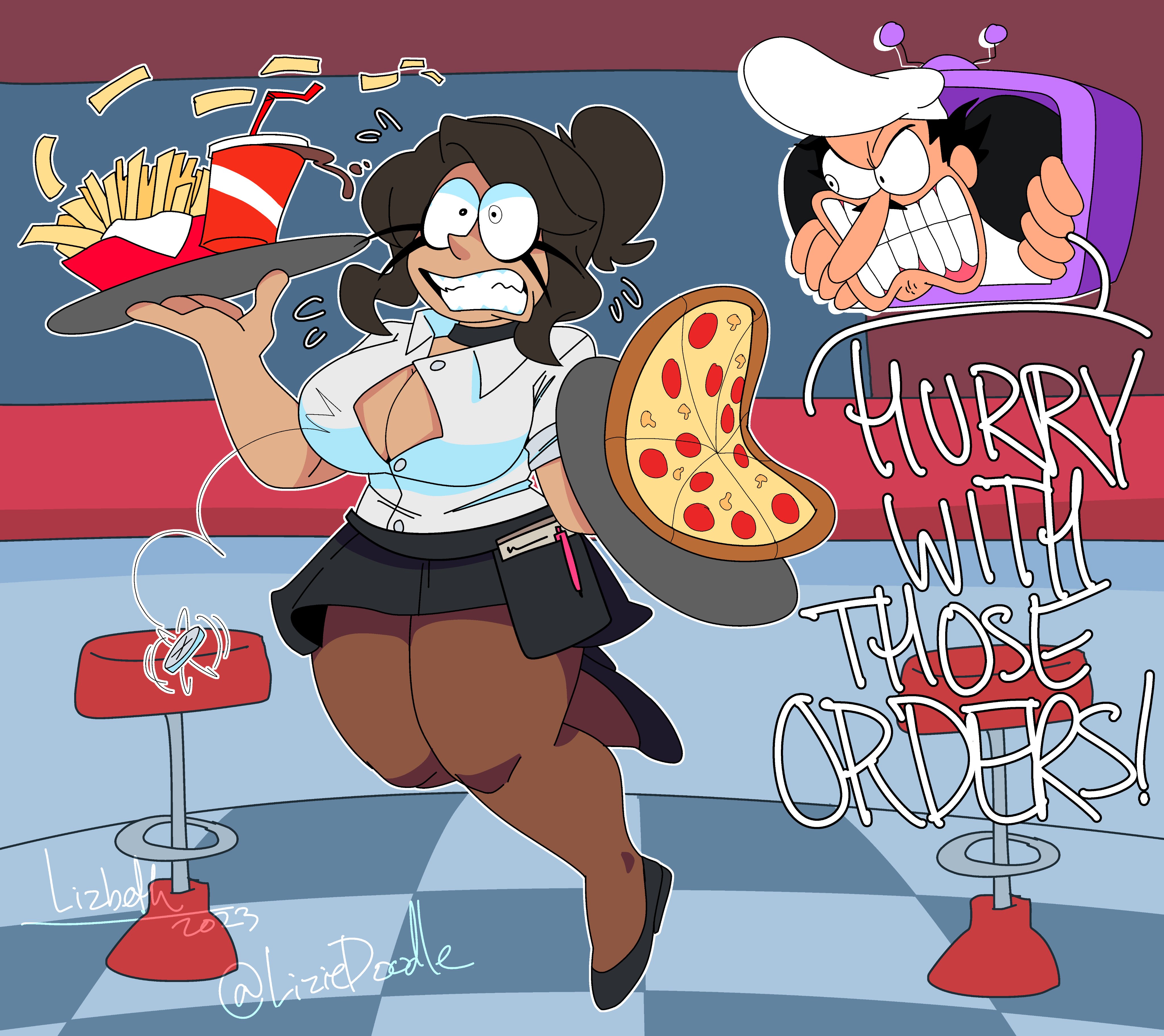 1boy, 1girls, breasts, button down shirt, cleavage, female, footwear, holding object, liziedoodle, lizielewddle, lizielewddle (character), looking at another, male, moustache, pantyhose, peonypetals, peppino spaghetti, pizza tower, short hair, skirt, tagme, text, thick, thick thighs, wide hips