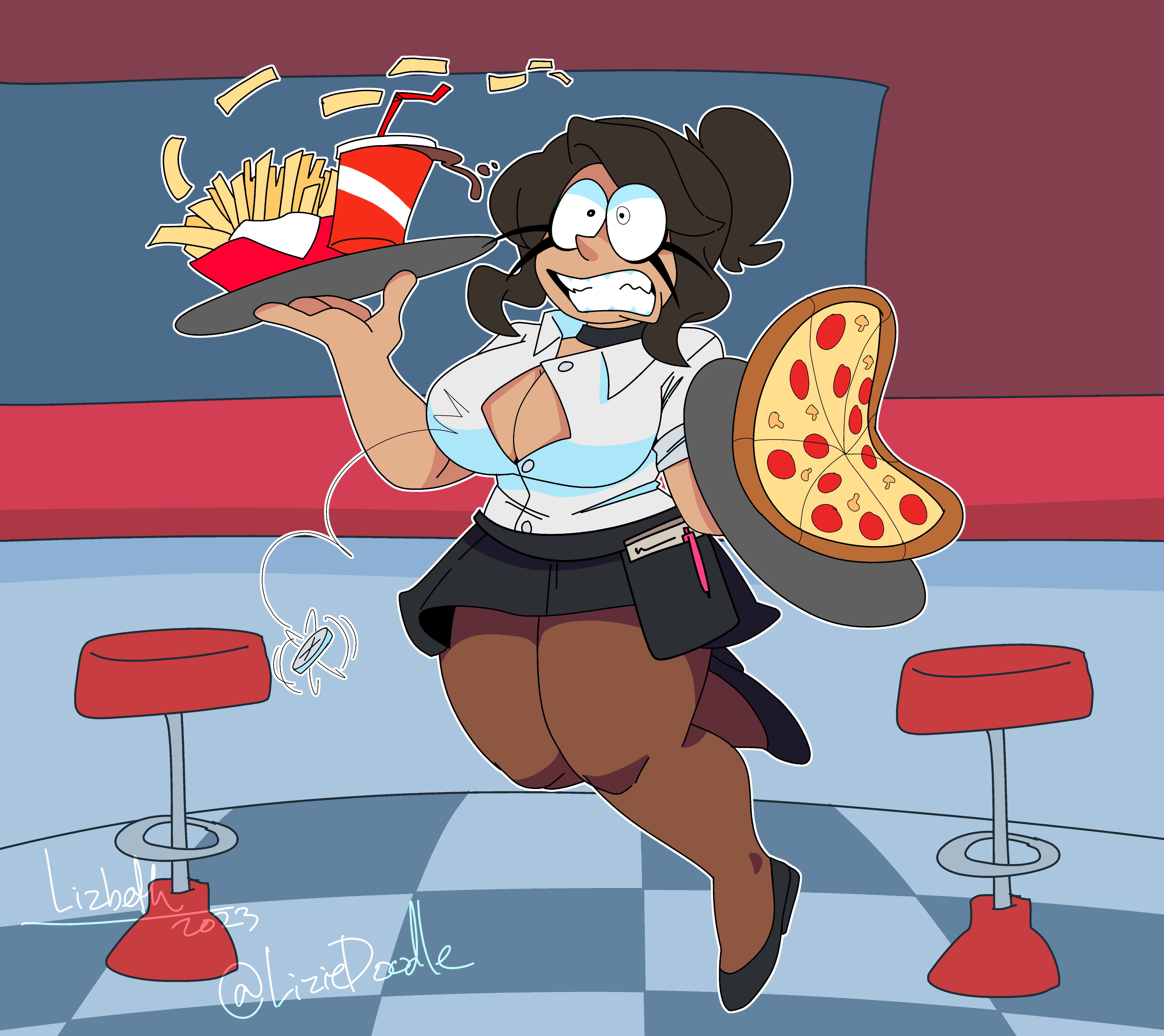 boob window, breasts, brown hair, bursting breasts, button down shirt, female, female only, footwear, holding object, leggings, lizielewddle, lizielewddle (character), peonypetals, pizza tower, short hair, skirt, tagme