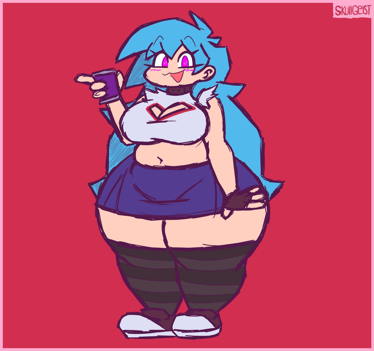 2023, ass, big ass, big breasts, blue hair, blush, breasts, female, friday night funkin, friday night funkin mod, heart-shaped pupils, holding can, holding object, newgrounds, pink eyes, skullgeist, sky (friday night funkin), skyblue, skyblue (friday night funkin), skyverse, soda can, tagme