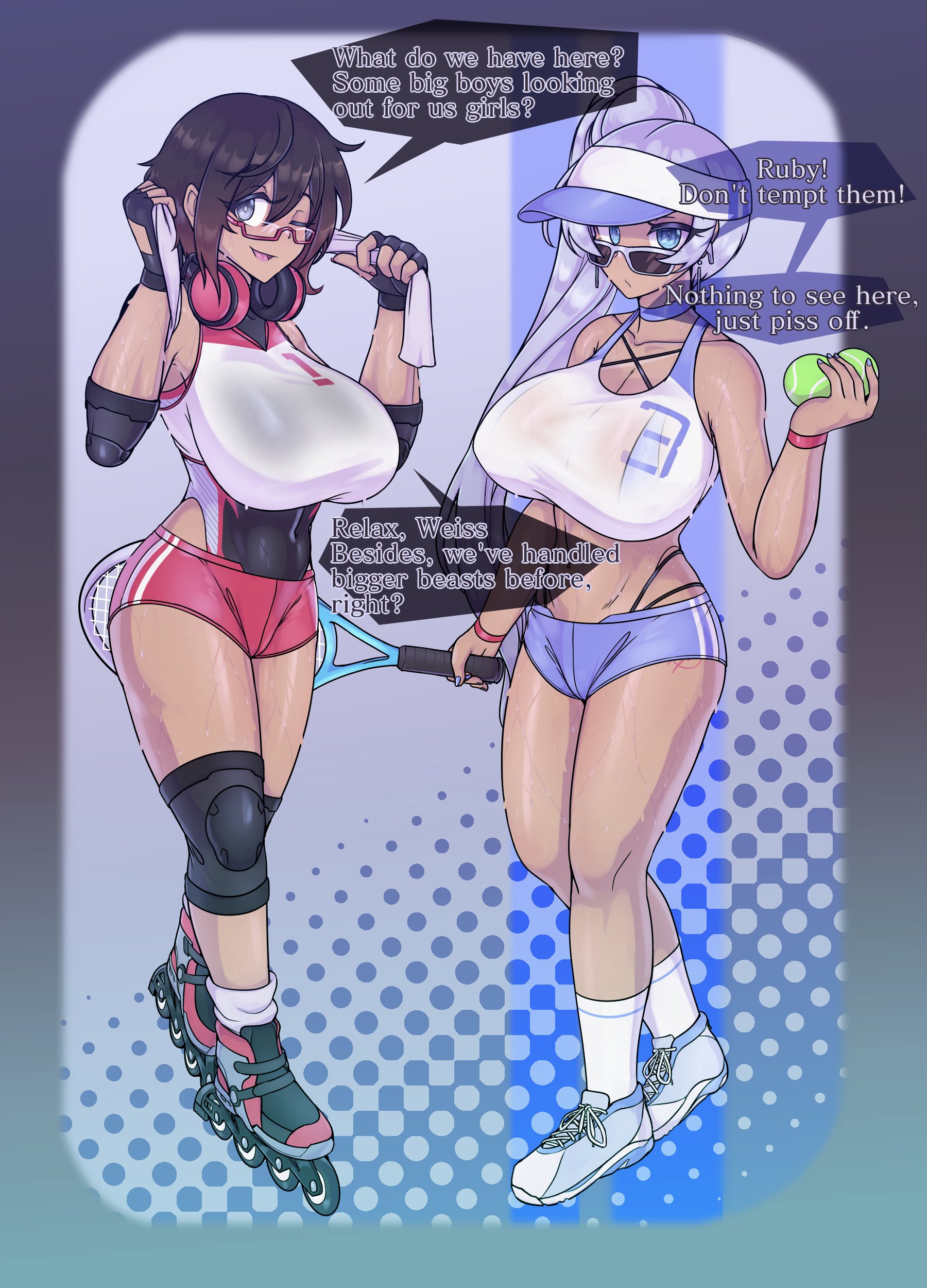 2girls, black hair, blue eyes, breasts, choker, english text, female, female only, fingerless gloves, glasses, gym clothes, gym uniform, hat, headphones, huge breasts, leotard, long hair, looking at viewer, midriff, multiple females, multiple girls, navel, ponytail, roller skates, ruby rose, rwby, scuttlefish, short hair, short shorts, shorts, silver eyes, sunglasses, sweat, tennis racket, text, thick thighs, thighs, thong, thong above shorts, thong straps, visor cap, weiss schnee, white hair, workout clothes