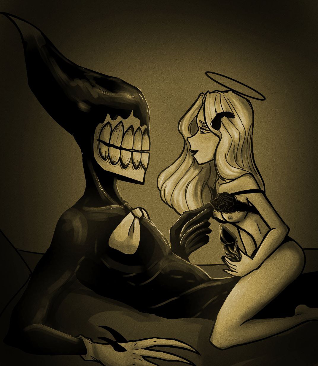 bendy bendy_and_the_dark_revival bendy_and_the_ink_machine big_hips big_male big_penis black_body black_penis blonde_hair bra bra_down bra_lift breasts dayla_stein female grabbing_bra grabbing_penis ink_demon male monster monster_boy monster_cock penis small_breasts smaller_female straight