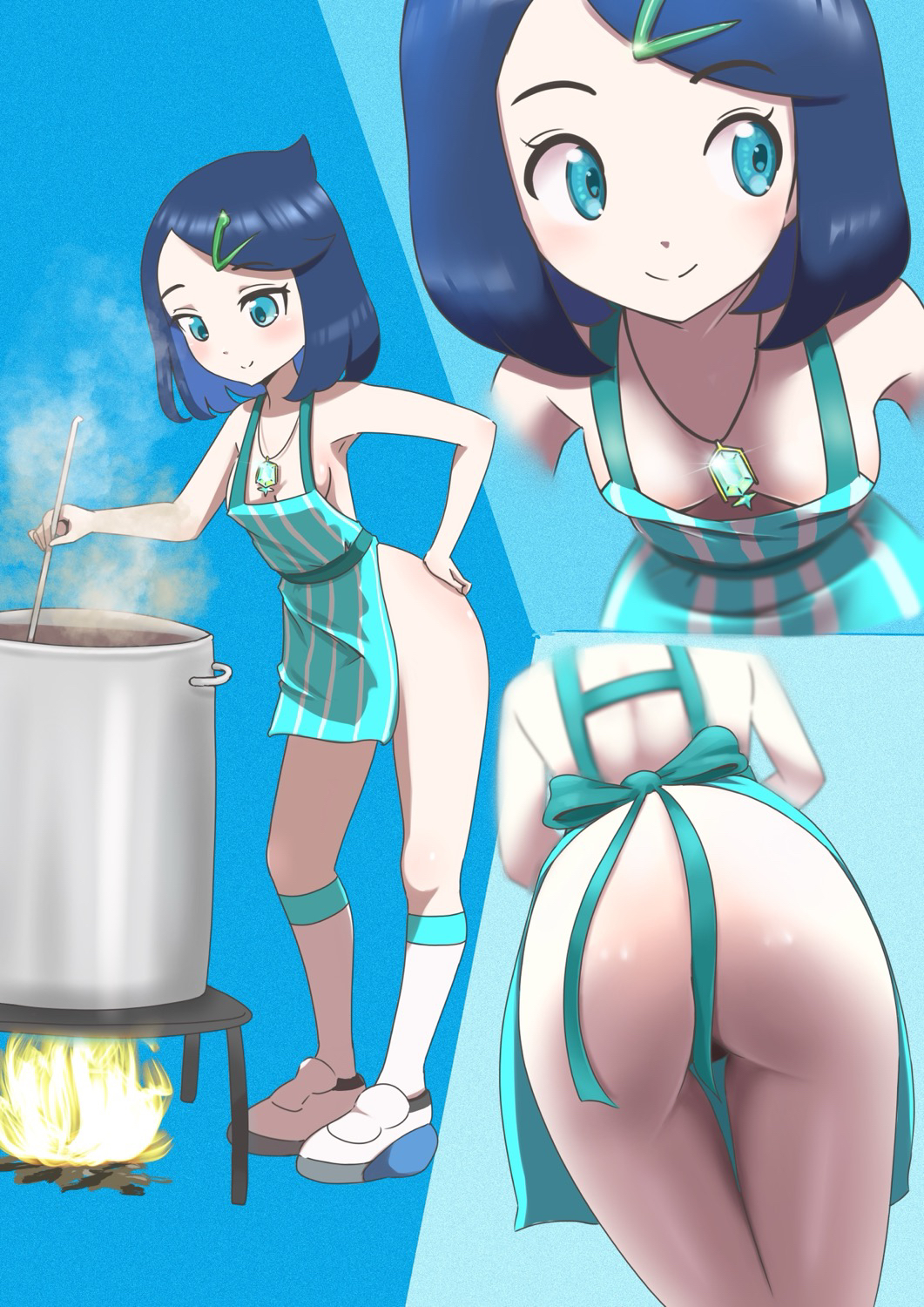 1girls, apron, ass, blue eyes, blue hair, blush, breasts, cleavage, cooking, cute, female, female only, liko (pokemon), microsd (artist), naked apron, necklace, pendant, pokemon, pokemon horizons, shoes, small breasts, smile, socks, solo female, young, young female