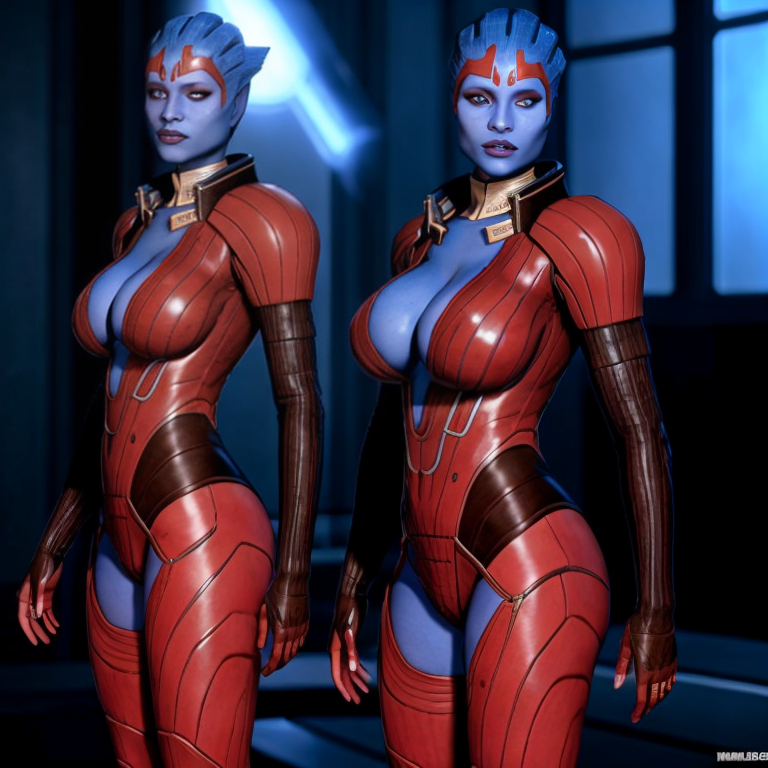 2girls 2women ai_generated alien_girl blue_body blue_skin cloned clones mass_effect samara twins weirdguy564