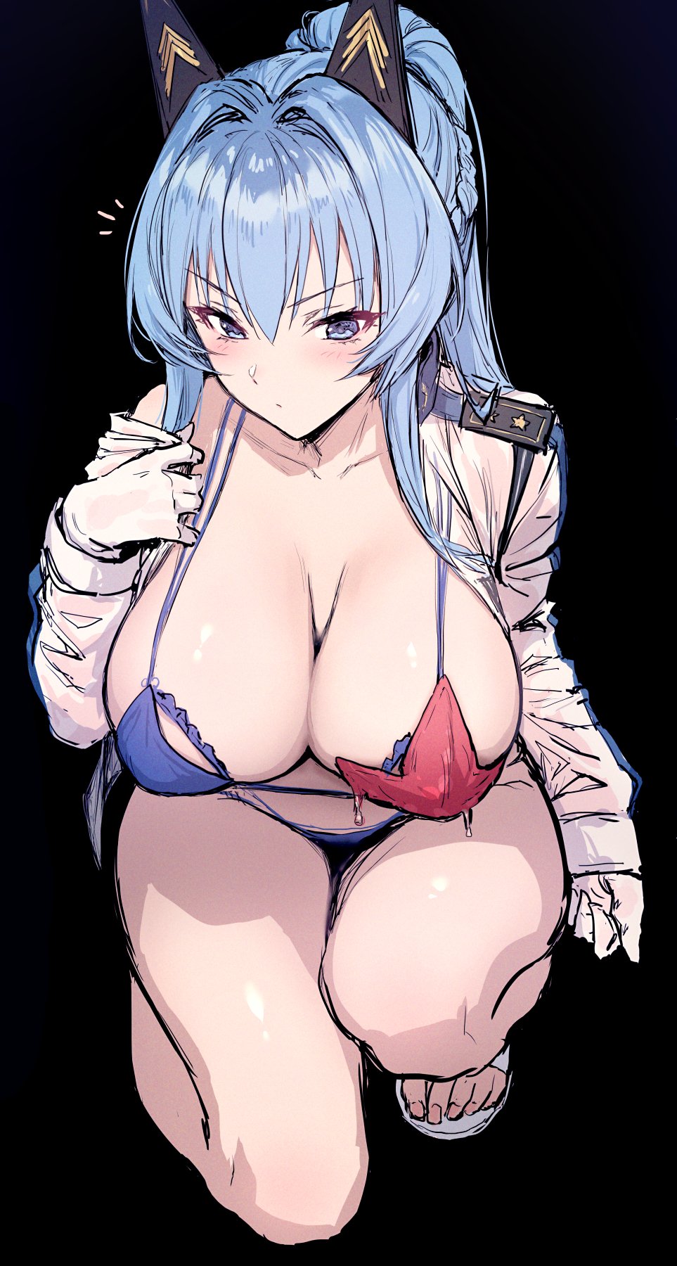 1girls bikini blue_eyes blue_hair cat_ears clothes_removed embarrassed female female_focus female_only goddess_of_victory:_nikke haoni helm_(aquamarine)_(nikke) helm_(nikke) hi_res huge_breasts kneeling large_breasts light-skinned_female long_hair looking_at_viewer massive_breasts massive_thighs posing sandals starfish thick_thighs thighs uniform