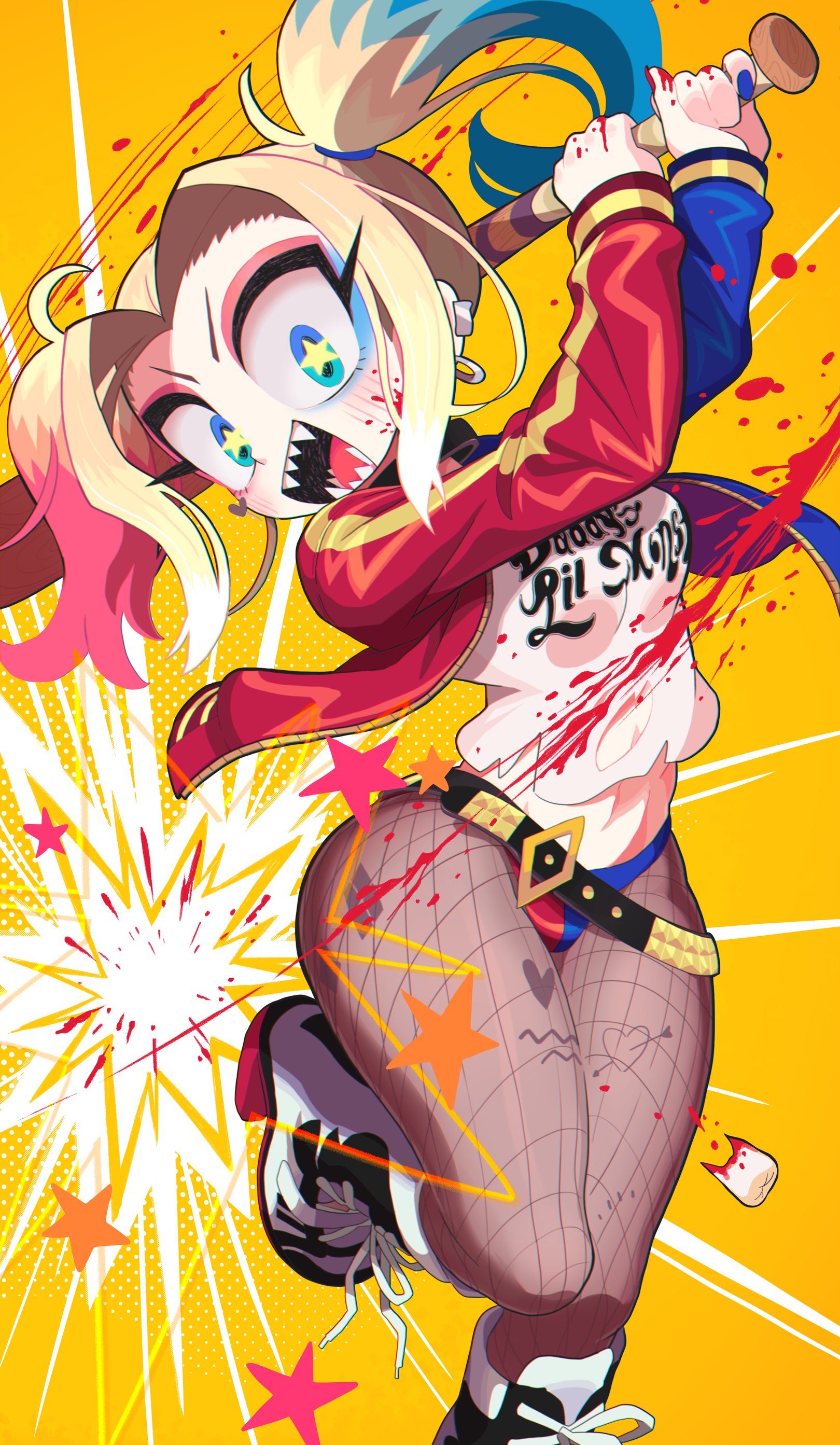 belt, blonde hair, blood, blue eyes, blush, crop top, dc, dc comics, female, female only, fishnets, gashi-gashi, harley quinn, holding, holding object, jacket, sharp teeth, shorts, smile, sneakers, star shaped pupils, tagme, teeth, torn clothes, uejini