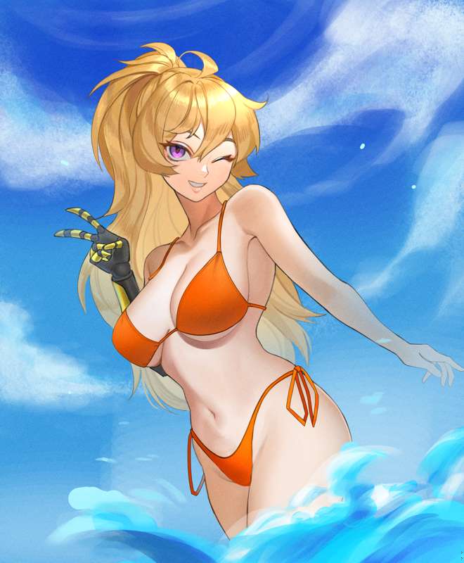 1girls beach bikini bikini_bottom bikini_top blonde_female blonde_hair firelordzuu ocean orange_bikini orange_bikini_bottom orange_bikini_top peace_sign ponytail purple_eyes rwby solo two_fingers_up water winking yang_xiao_long