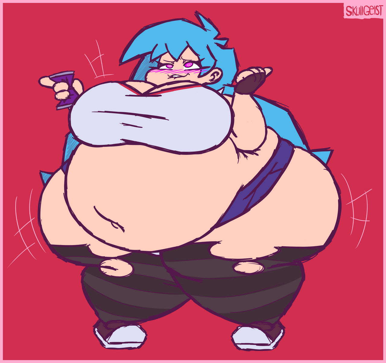 2023, ass, big ass, big breasts, bloated, bloated belly, bloated stomach, blue hair, blush, breasts, expansion, fat, fat belly, fat female, female, fetish, friday night funkin, friday night funkin mod, holding can, holding object, inflated belly, inflation, inflation fetish, newgrounds, obese, pink eyes, skullgeist, sky (friday night funkin), skyblue, skyblue (friday night funkin), skyverse, soda can, tagme