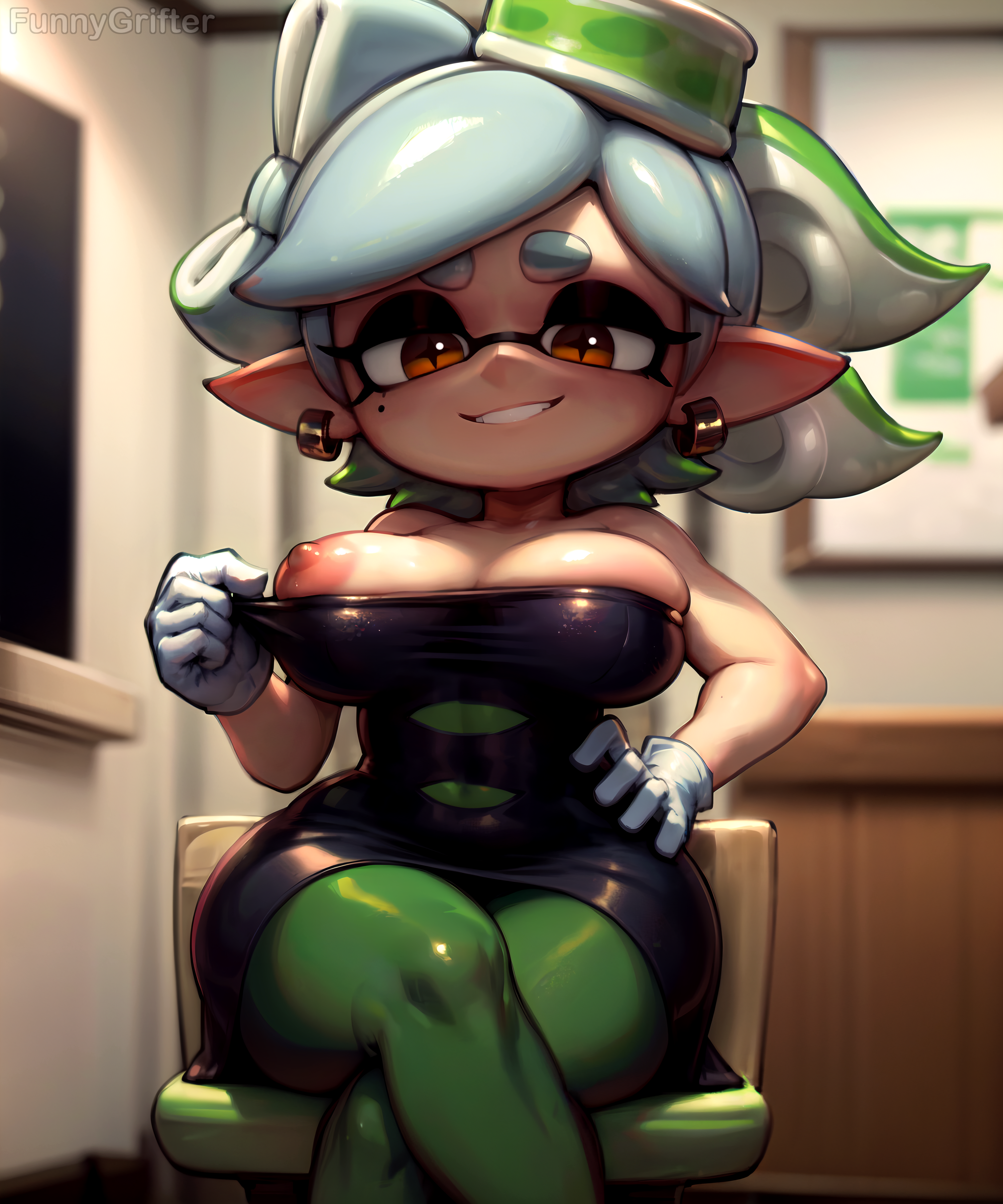 1girls, ai generated, ass, big ass, big breasts, black dress, boob window, bow, breasts, cleavage, clothed, crossed legs, dress, dress pull, earrings, female, female only, funnygrifter, grin, hat, huge breasts, indoors, inkling, large breasts, looking at viewer, marie (splatoon), mole, mole under eye, multicolored hair, nintendo, nipple slip, no bra, one breast out, pantyhose, shiny hair, shiny skin, sitting, skindentation, smile, splatoon, symbol-shaped pupils, teasing, tentacle hair, white gloves, white hair, yellow eyes