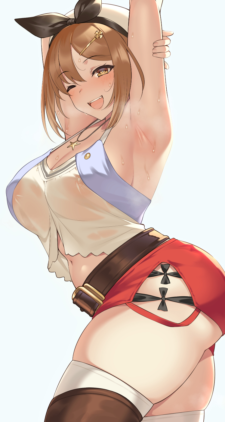 arms_up atelier_(series) atelier_ryza beriiwaadoroko big_breasts brown_hair busty clothing happy huge_breasts large_breasts no_bra reisalin_stout smile teenager thick_thighs thighs veryhardloco wide_hips