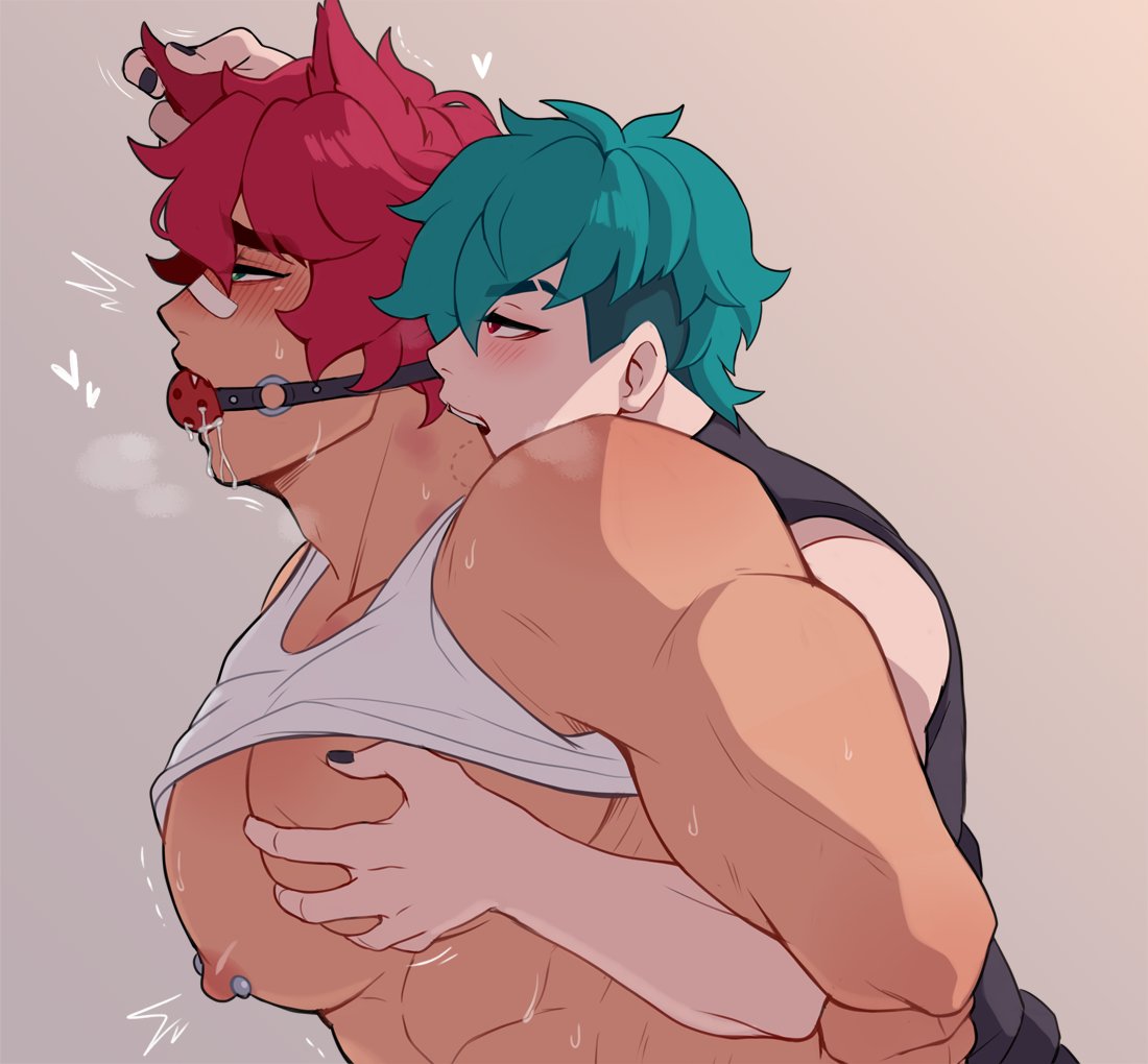 2boys already_uploaded animal_ears aphelios aqua_hair ball_gag bandaid bandaid_on_face bandaid_on_nose bara bare_pectorals bite_mark biting black_nails black_tank_top blush clothes_lift cummltus gag gagged gay grabbing heartsteel_aphelios heartsteel_series heartsteel_sett large_pectorals league_of_legends male_focus multiple_boys muscular muscular_male neck_biting nipple_piercing nipples pectoral_grab pectorals piercing pink_hair sett short_hair tank_top white_tank_top yaoi