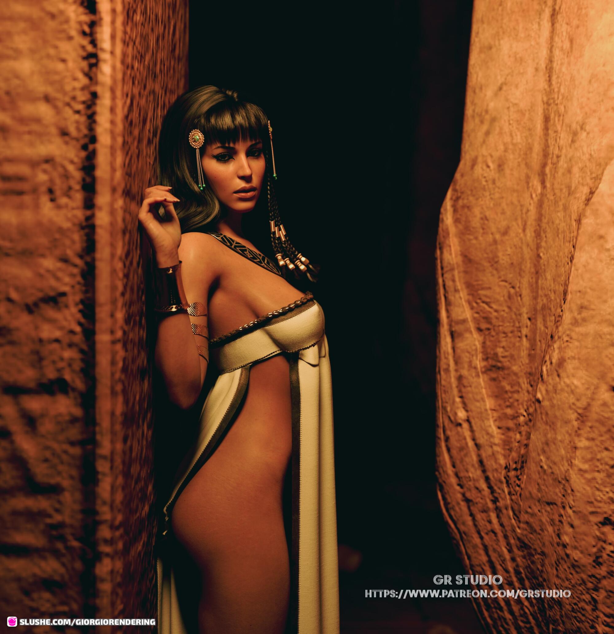 1girls, 3d, black hair, breasts, busty, clothed, clothing, egyptian, egyptian clothes, egyptian female, egyptian headdress, female, female focus, female only, giorgio rendering, hourglass figure, lara croft, lara croft (survivor), large breasts, no panties, nopan, ornate clothing, pinup, pinup pose, side view, signature, solo female, standing, text, tomb raider, tomb raider (survivor), wide hips