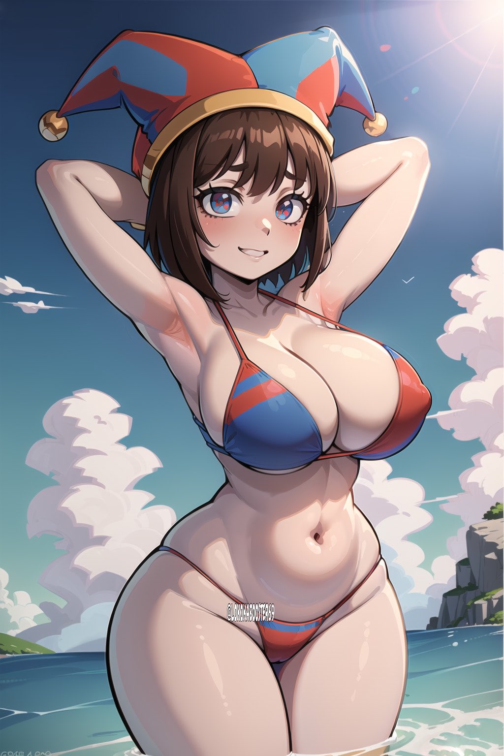 1girls, ai generated, arms behind head, beach, belly, belly button, big breasts, bikini, blush, breasts, brown hair, busty, child bearing hips, cleavage, cleft of venus, curvaceous, curvy, curvy body, curvy female, curvy figure, curvy hips, cute, eyes, eyes open, female, female only, groin, hair between eyes, hands behind head, hi res, high resolution, highres, jester hat, large breasts, lokokabooster69, looking at viewer, massive breasts, navel, open mouth, pale skin, partially submerged, pomni, pomni (the amazing digital circus), posing, short hair, sideboob, smile, the amazing digital circus, thick hips, thick thighs, thighs, tits, underboob, voluptuous, voluptuous female, water, wide hips