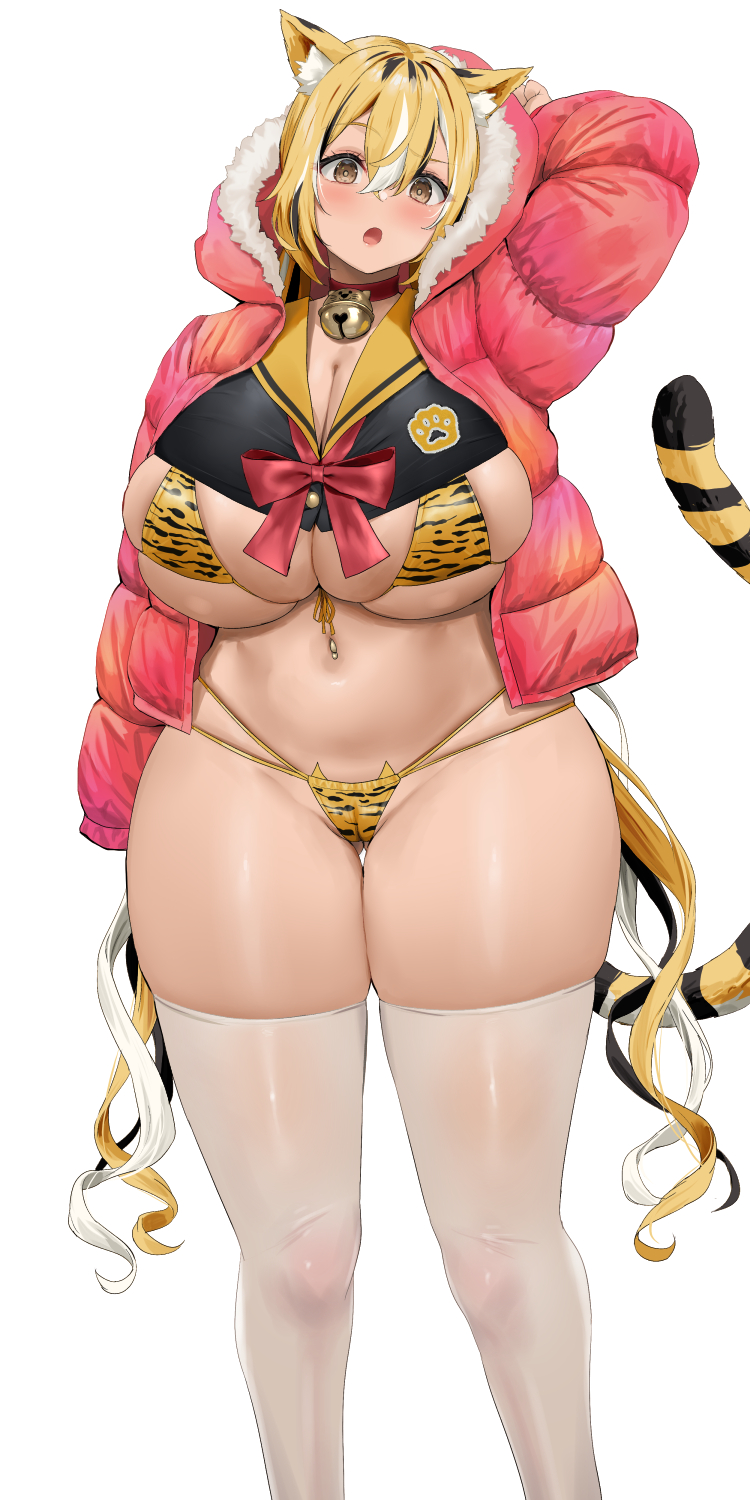 1girls, blonde hair, breasts, cat ears, cat girl, cat tail, catgirl, female, hips, huge breasts, light skin, light-skinned female, naughty face, oekakizuki, original, original character, short hair, tail, thick thighs, thighs, wide hips