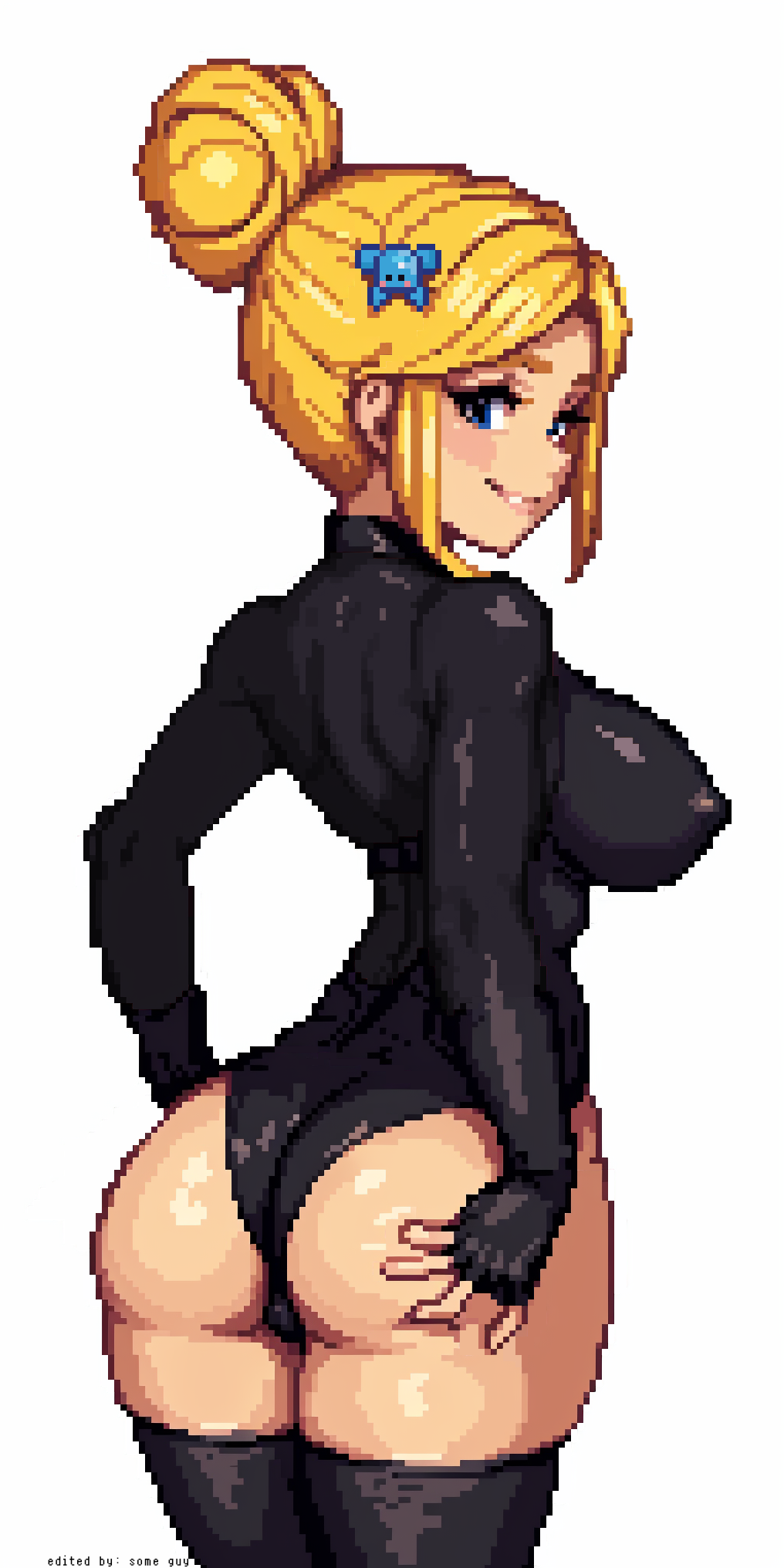 1girls, ai generated, ass, back view, big ass, big breasts, black leotard, black thighhighs, blonde hair, blue eyes, brawl stars, breasts, female, fingerless gloves, gloves, hair bun, hair ornament, hairclip, hand on ass, hand on butt, highleg, large breasts, leotard, looking at viewer, nipple bulge, piper (brawl stars), pixel art, short hair, skin tight, smile, solo, thick thighs, thighhighs, white background