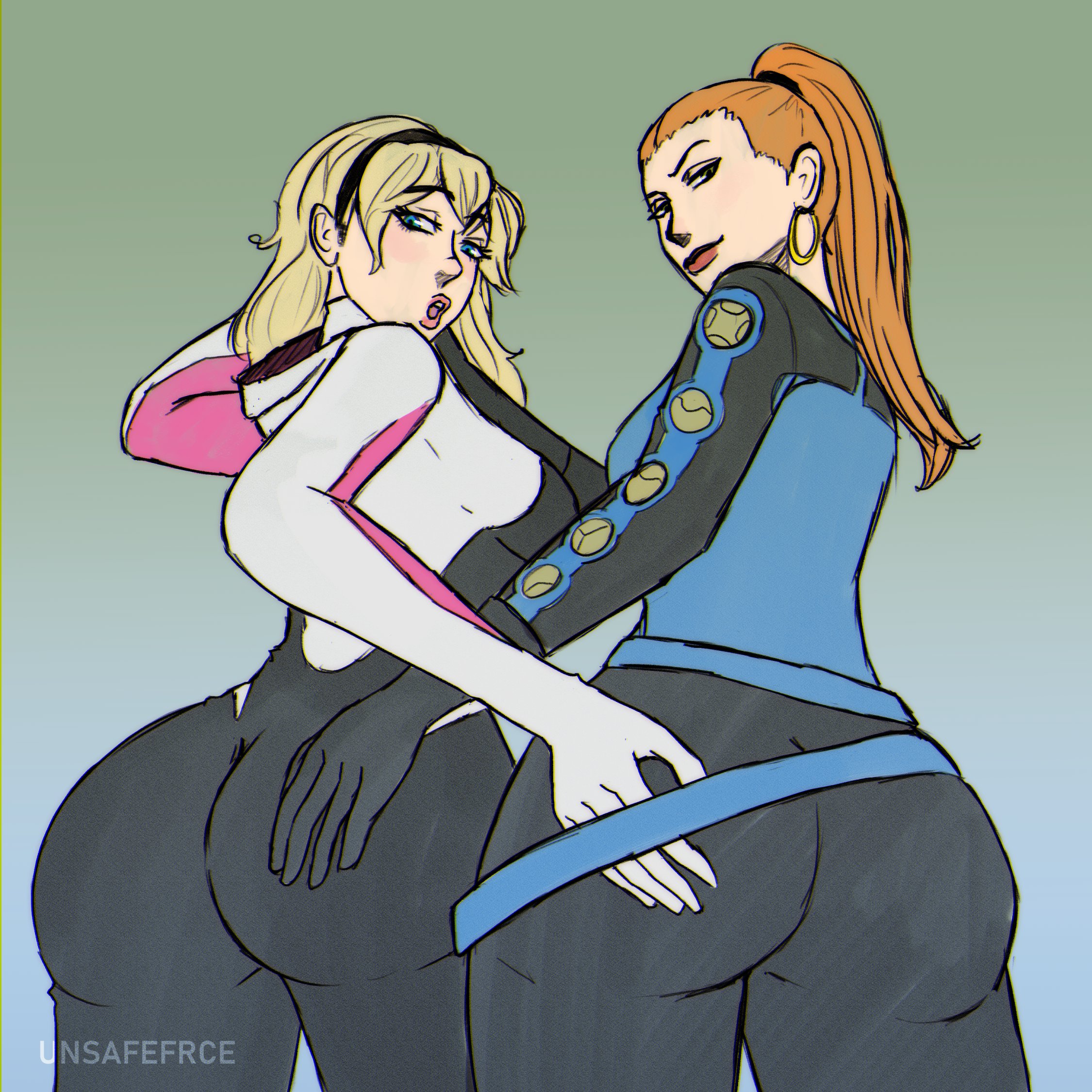 2girls, age difference, ass, ass focus, ben 10, ben 10 (classic), blonde hair, bodysuit, clothed, crossover, female, female only, from below, future gwen, future gwen (ken 10), gwen stacy, gwen stacy (classic), gwen tennyson, hairband, looking down, marvel, marvel comics, multiple females, multiple girls, ponytail, red hair, spider-gwen, spider-man (series), tight clothing, unsafefrcern