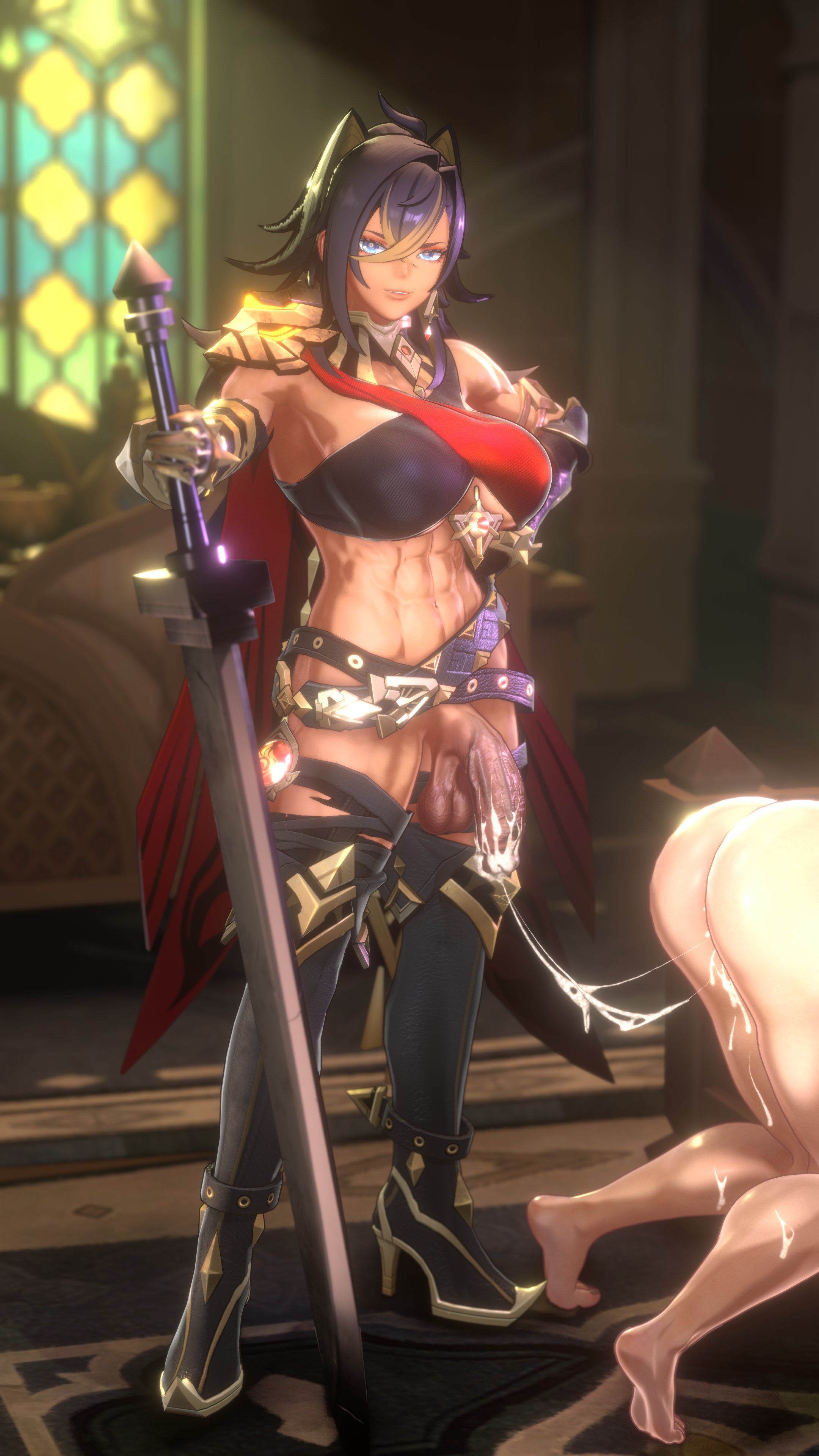 1futa, 3d, abs, afktl, after sex, ass, balls, barefoot, big ass, big breasts, big penis, big sword, breasts, cum, cum in ass, cum string, dark skin, dark-skinned futa, dehya (genshin impact), female, flaccid, flaccid penis, futa with female, futanari, genshin impact, intersex, navel, penis, unseen character