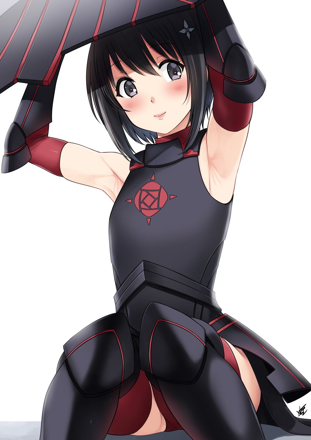 armpits arms_up black_hair blush bob_cut hair_between_eyes highres honjou_kaede itai_no_wa_iya_nano_de_bougyoryoku_ni_kyokufuri_shitai_to_omoimasu looking_at_viewer maple_(bofuri) red_thighhighs short_hair simple_background skindentation solo tagme thighhighs white_background xter xtermination