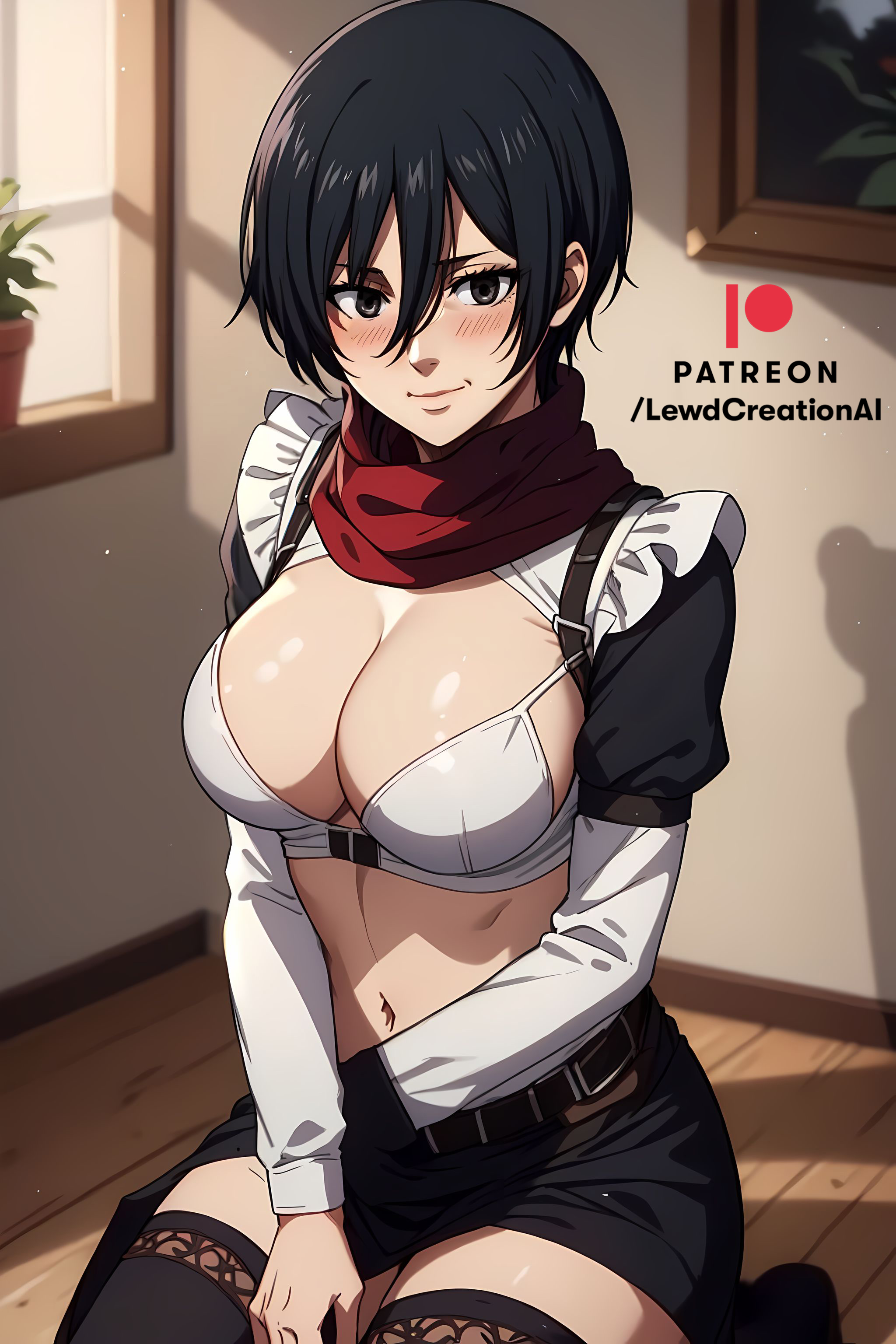 ai generated, attack on titan, big breasts, black eyes, black hair, blush, bra, breasts, breasts out, cleavage cutout, embarrassed, eyelashes, female, hair, hair between eyes, kneeling, lewdcreationsai, looking at viewer, maid, maid headdress, maid uniform, mikasa ackerman, navel, scarf, smile, stable diffusion, submissive, submissive female, thick thighs, thighs