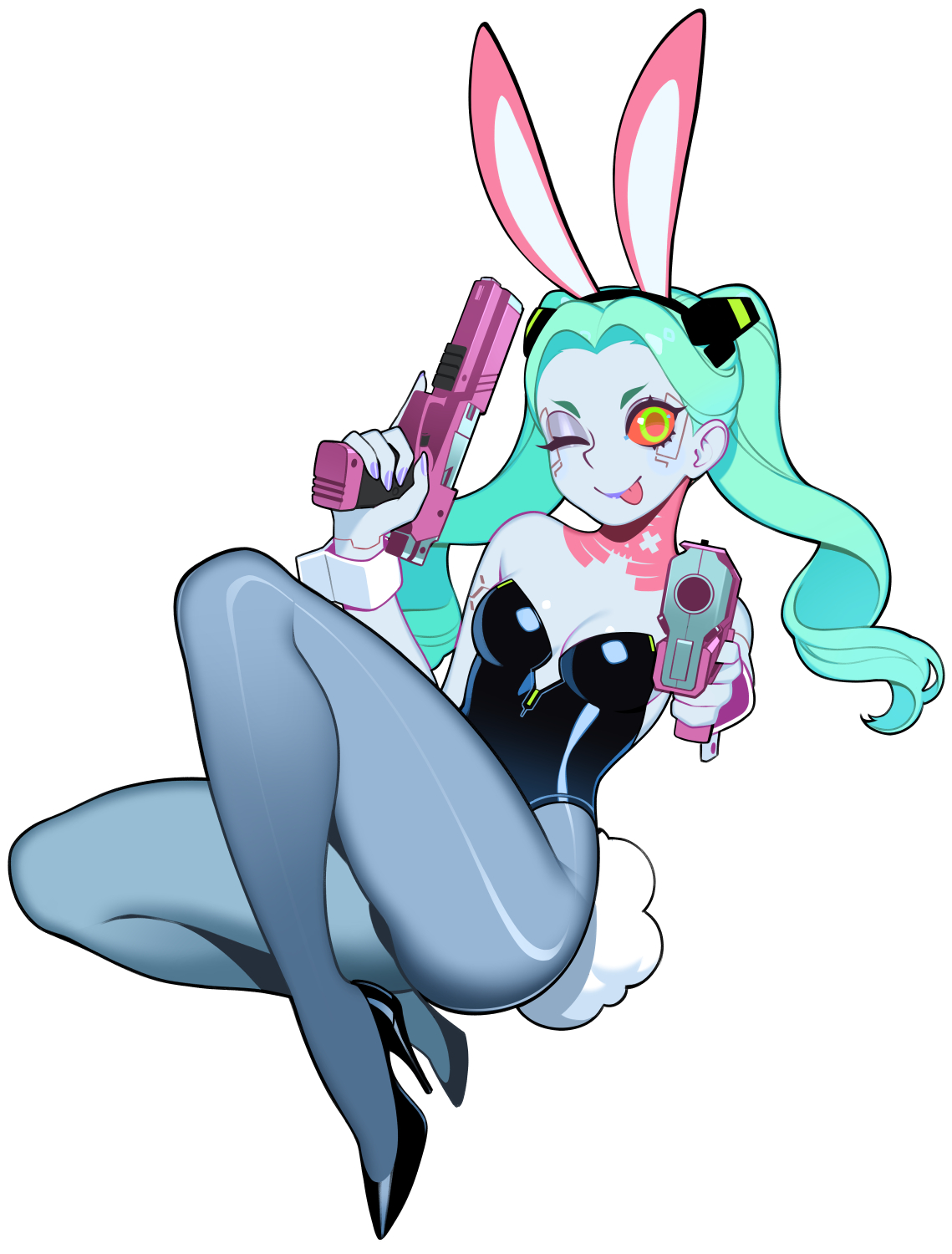 bunny ears, bunny tail, bunnysuit, cyberpunk 2077, cyberpunk: edgerunners, female, halphelt, leotard, one eye closed, pantyhose, rebecca (edgerunners), solo, wink
