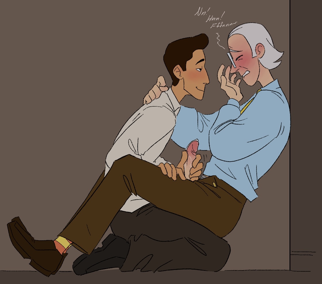 blush, gay, jacking off another, male, narrator (the stanley parable), stanley (the stanley parable), tan skin, the stanley parable, whimpering, yellow tie, younger dom older sub
