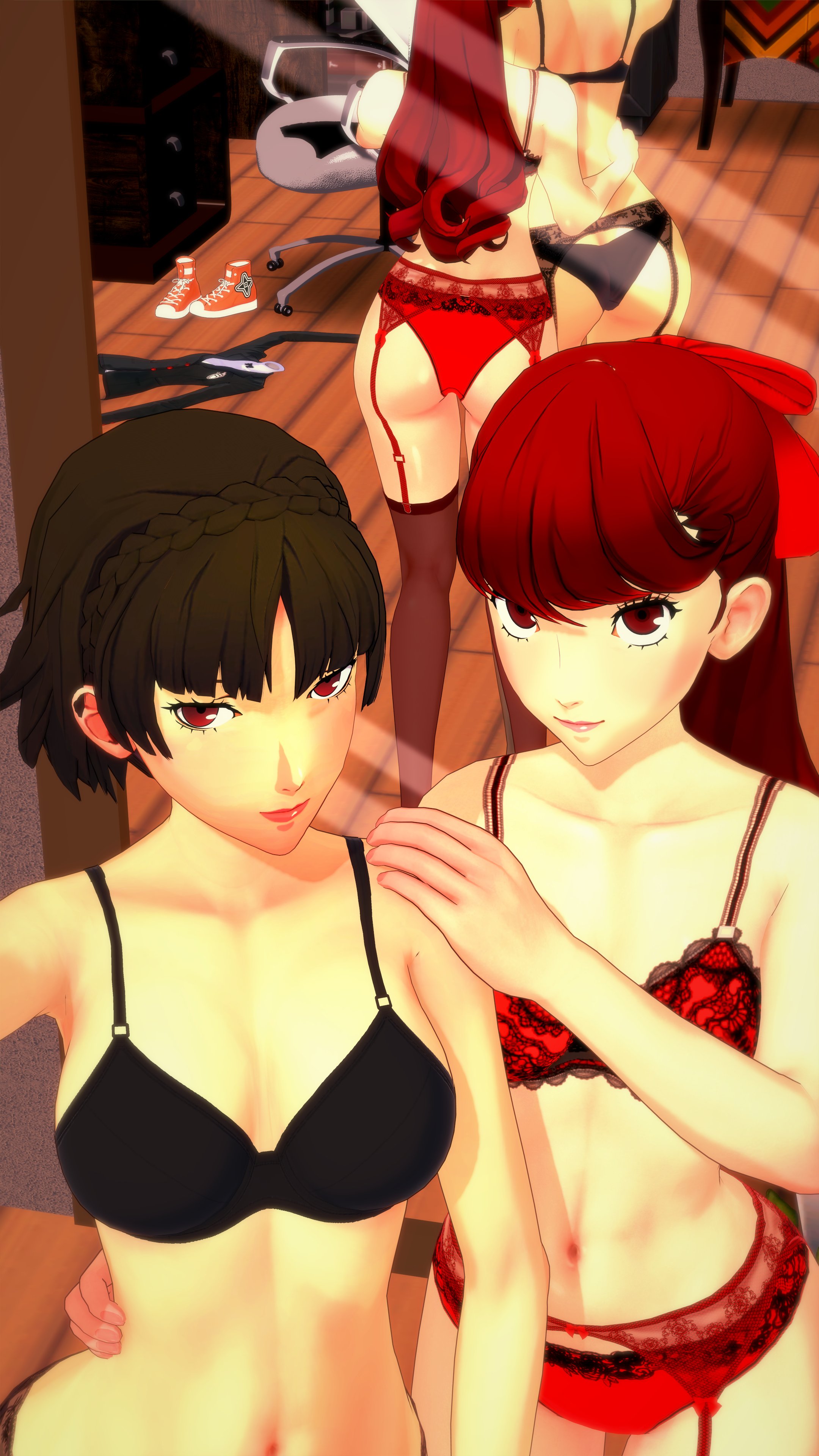 2girls, 3d, accurate art style, ass, atlus, bra, breasts, female, female only, kasumi yoshizawa, makoto justice, makoto niijima, medium breasts, official style, persona, persona 5, reflection error, skinny, slim, sumire yoshizawa