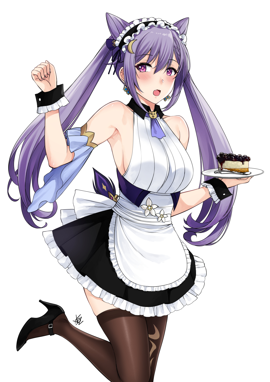 alternate_costume apron arm_up armpits bare_shoulders black_thighhighs blueberry_(not_the_fetish) blush breasts cake cheesecake cone_hair_bun double_bun dress enmaided food fruit genshin_impact hair_bun hair_ornament half-closed_eyes high_heels highres keqing_(genshin_impact) large_breasts long_hair maid maid_apron maid_headdress open_mouth plate purple_eyes purple_hair sideboob simple_background sleeveless sleeveless_dress solo tagme thighhighs twintails white_background xtermination